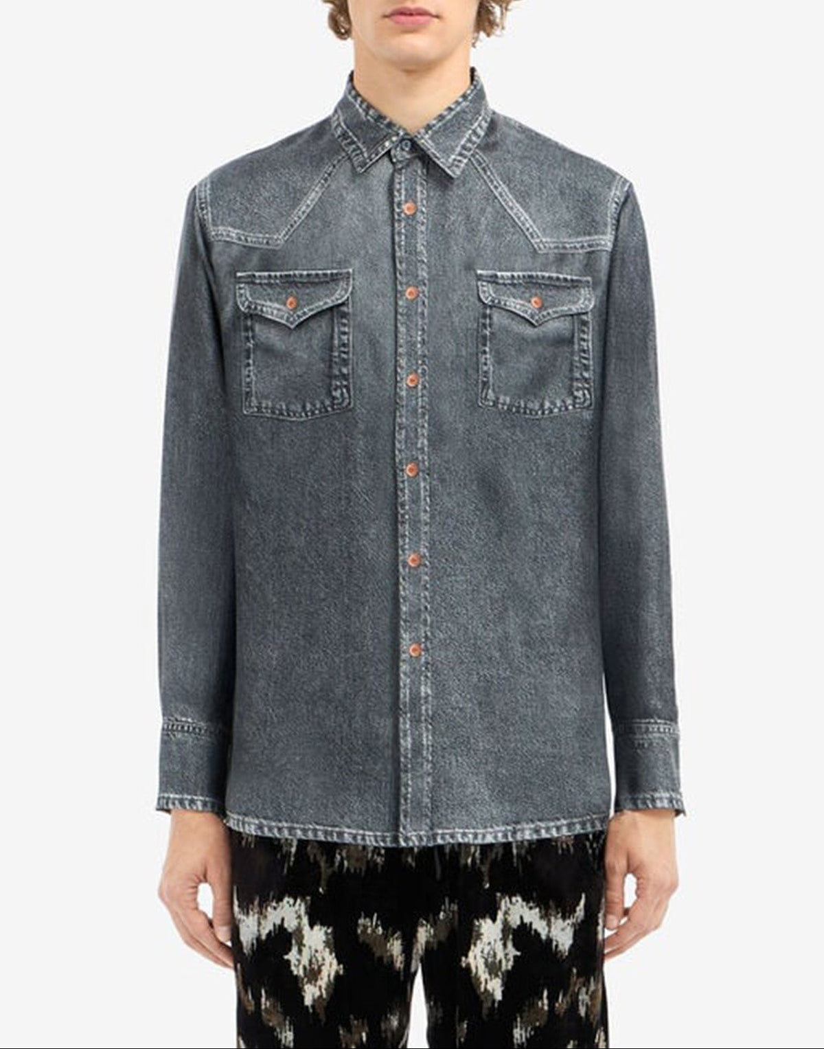 PIERRE-LOUIS MASCIA Camicia Aloe in Seta Stampa Denim Blu Grey