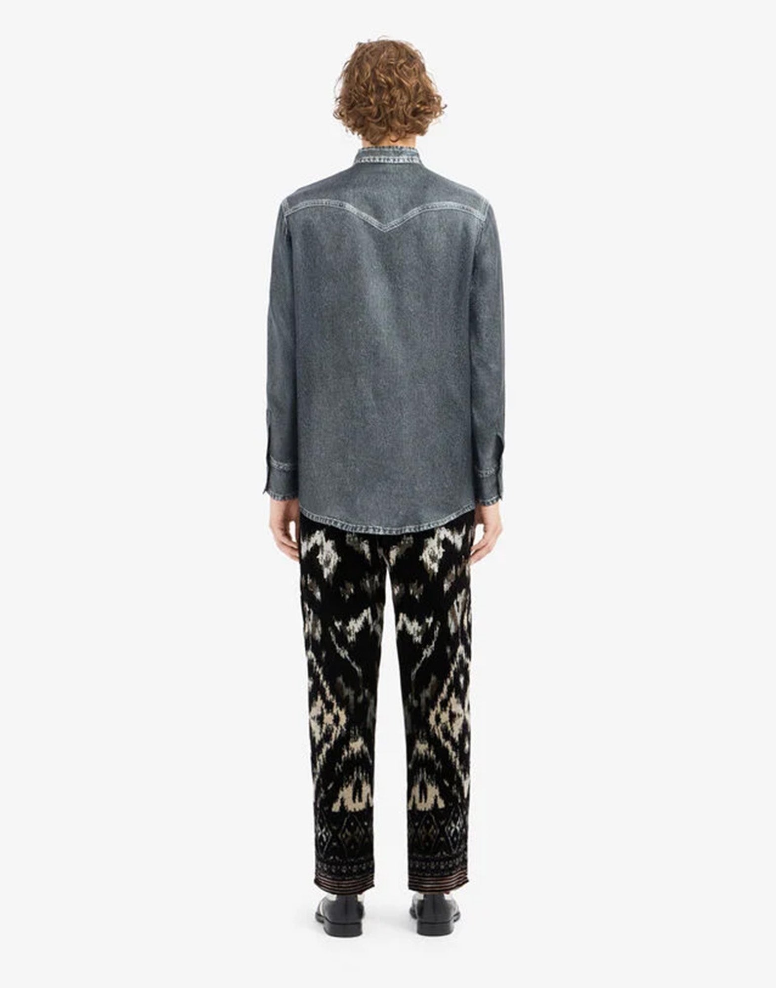 PIERRE-LOUIS MASCIA Camicia Aloe in Seta Stampa Denim Blu Grey