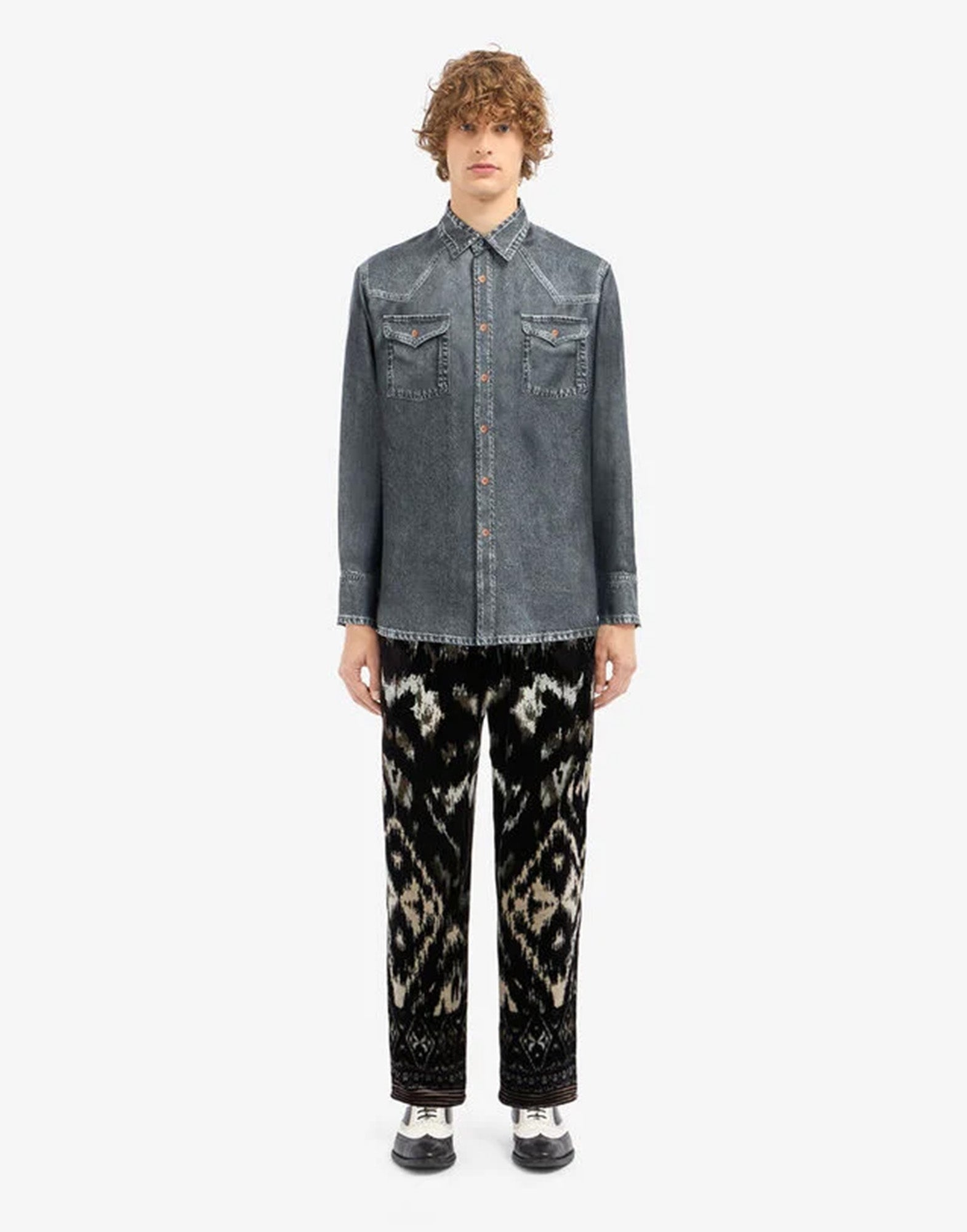 PIERRE-LOUIS MASCIA Camicia Aloe in Seta Stampa Denim Blu Grey