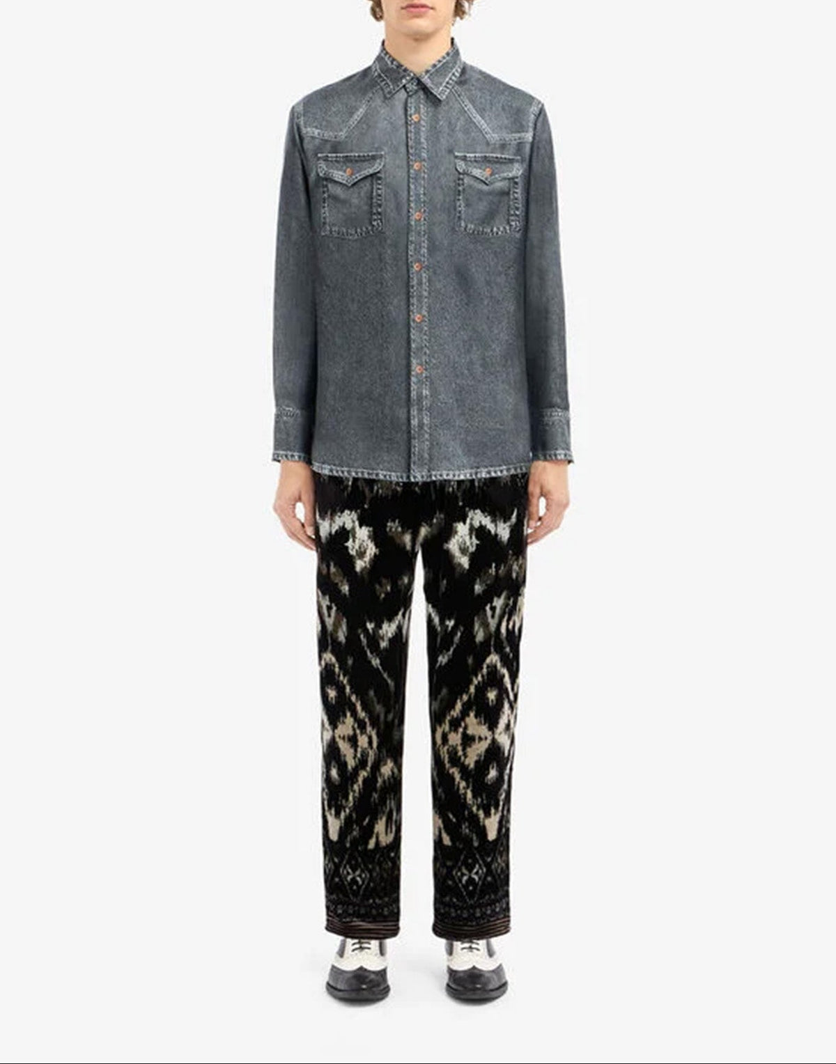 PIERRE-LOUIS MASCIA Camicia Aloe in Seta Stampa Denim Blu Grey
