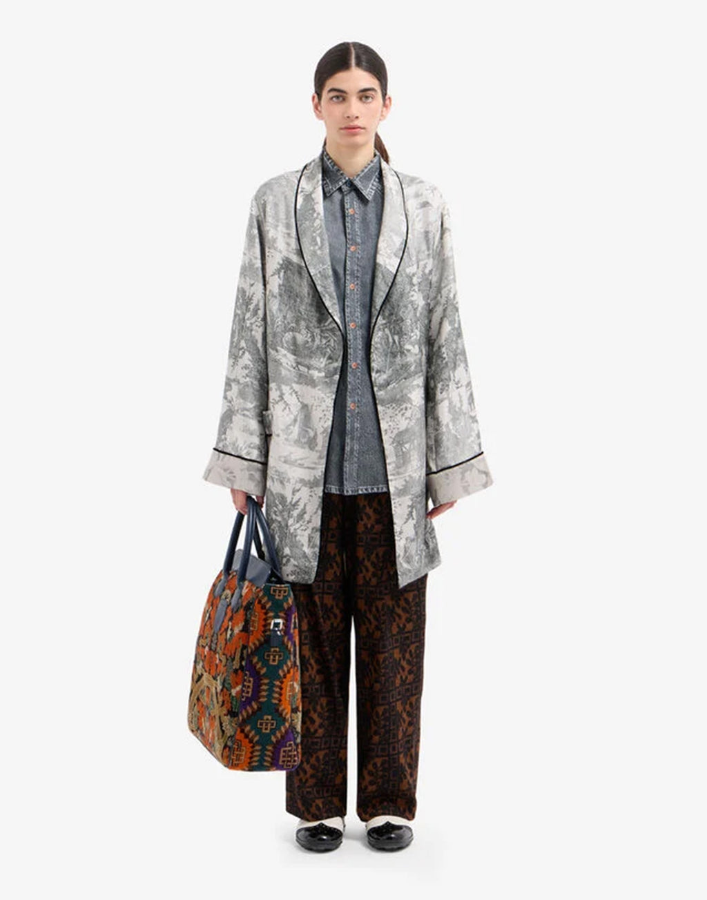 PIERRE-LOUIS MASCIA Camicia Aloe in Seta Stampa Denim Blu Grey
