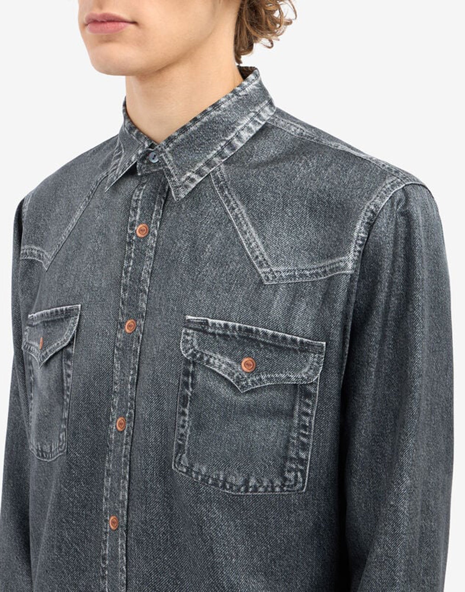 PIERRE-LOUIS MASCIA Camicia Aloe in Seta Stampa Denim Blu Grey