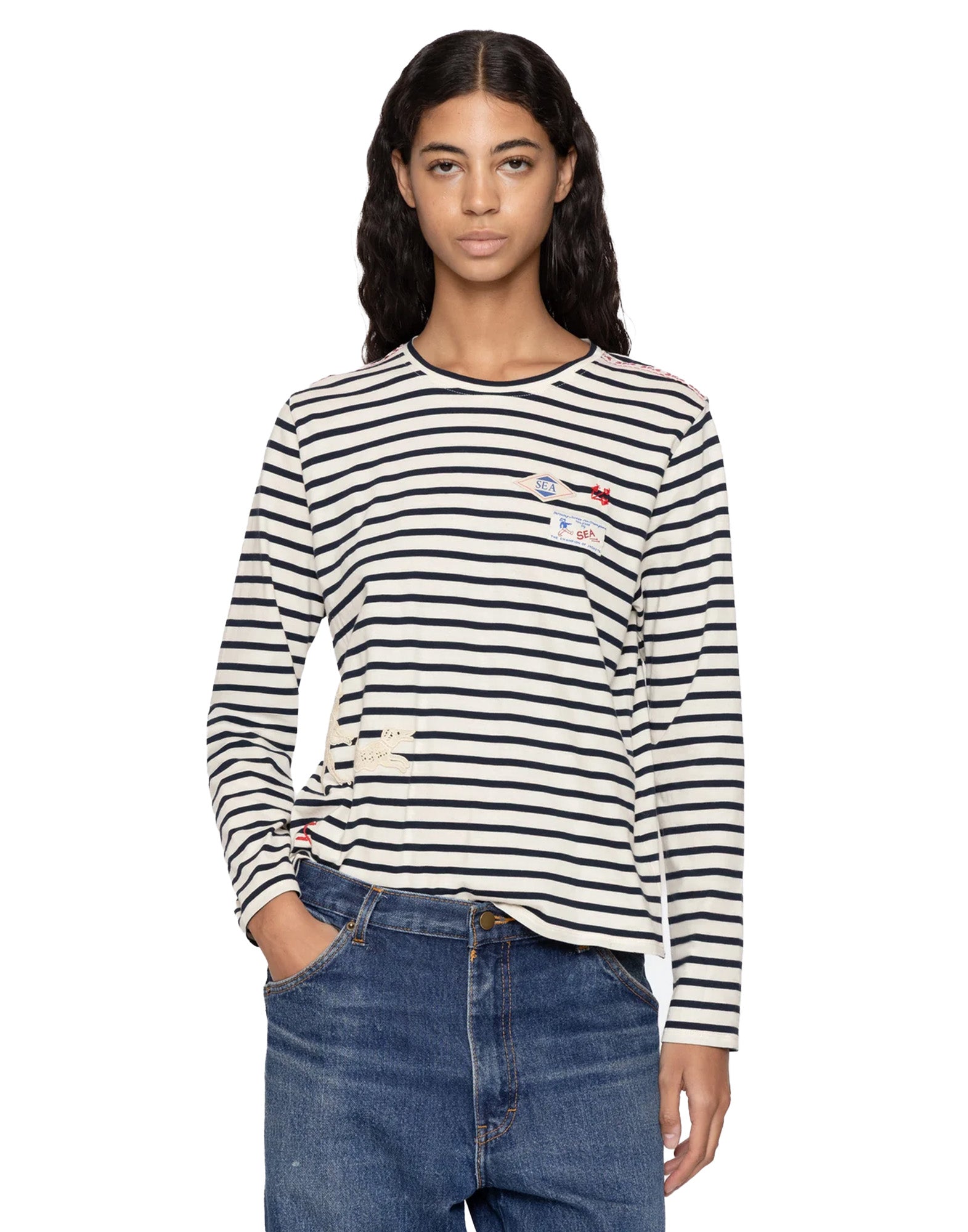 SEA NY T-shirt Athena a Righe in Cotone con Pizzo