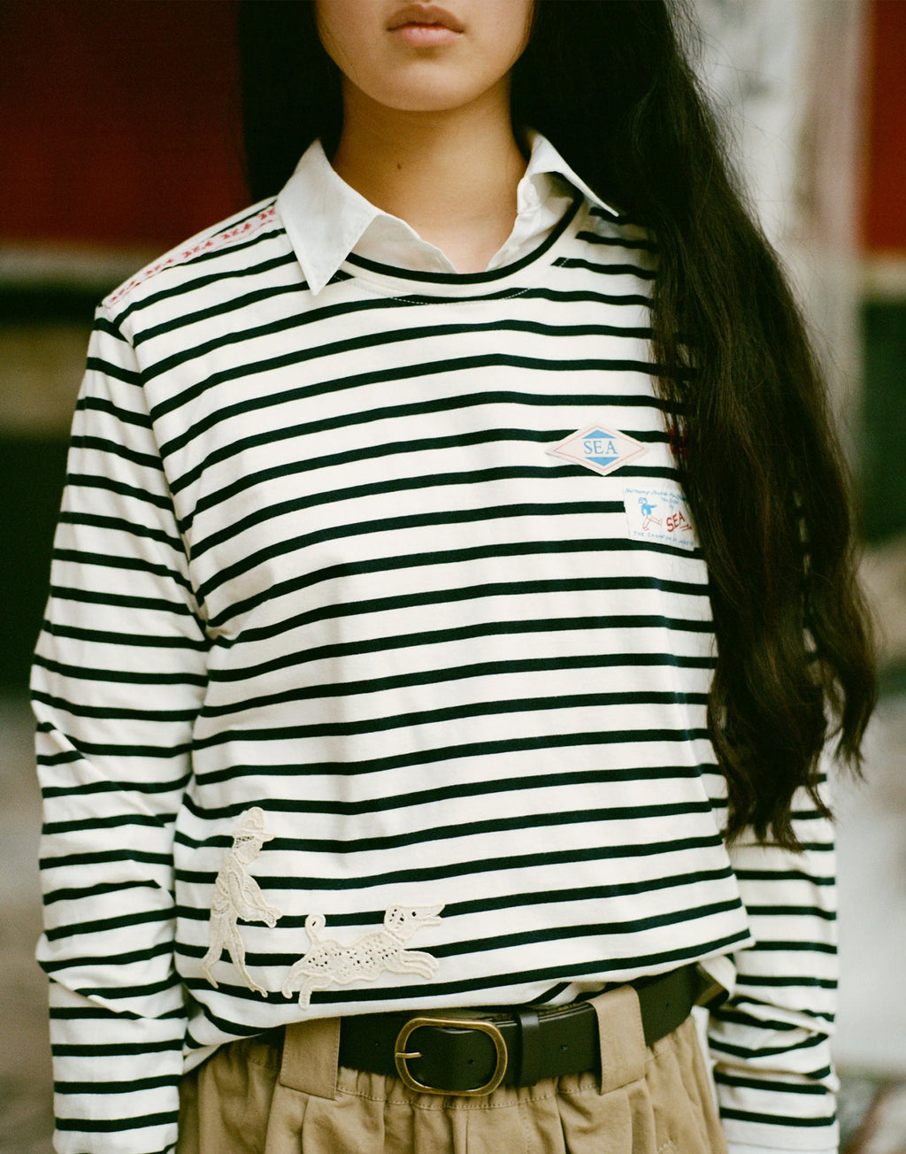 SEA NY T-shirt Athena a Righe in Cotone con Pizzo