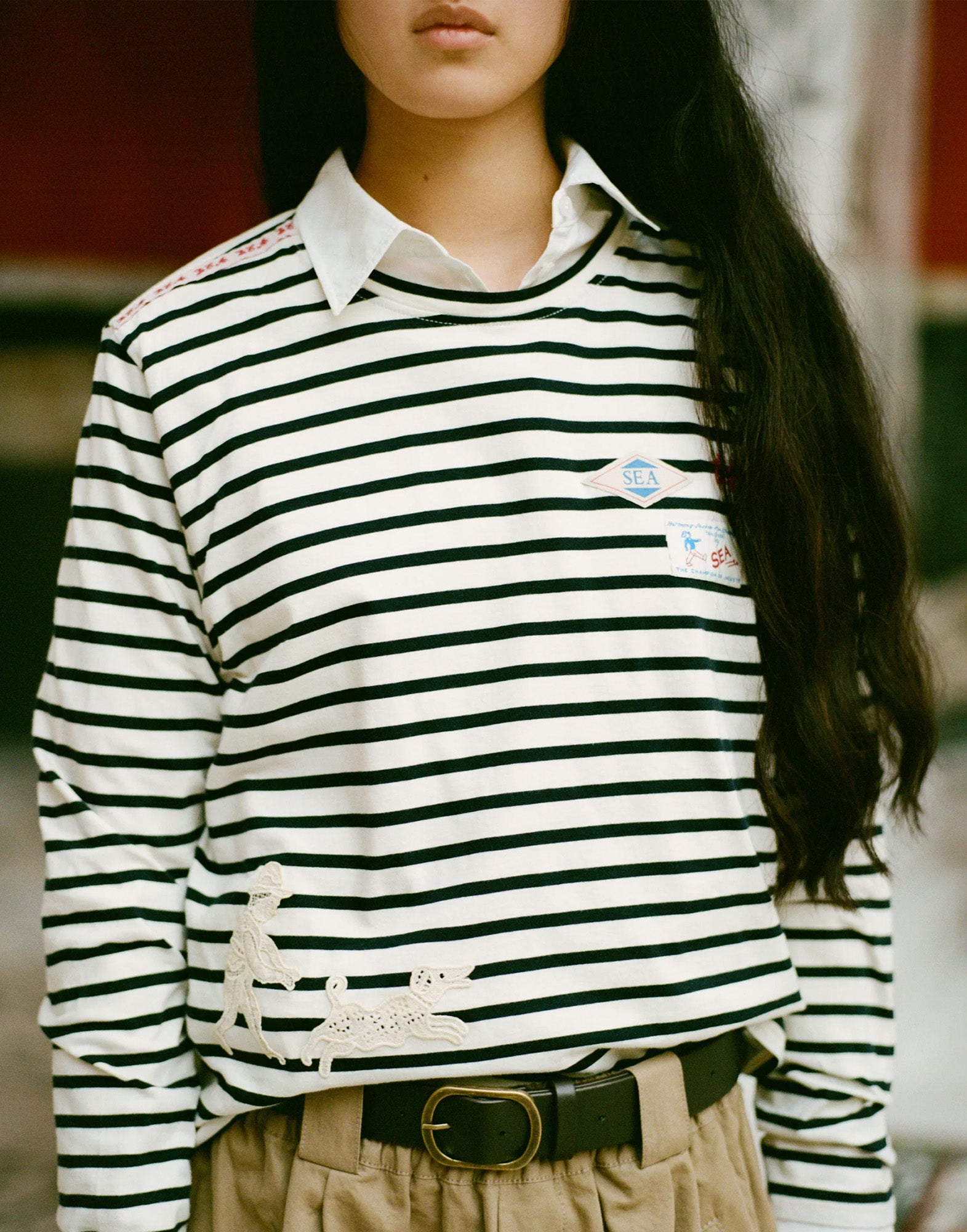 SEA NY T-shirt Athena a Righe in Cotone con Pizzo