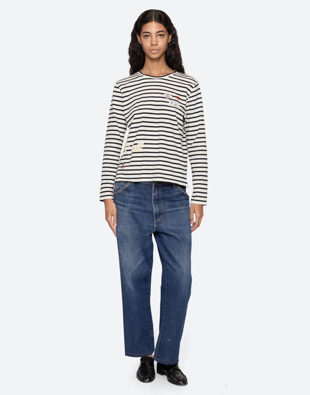 SEA NY T-shirt Athena a Righe in Cotone con Pizzo