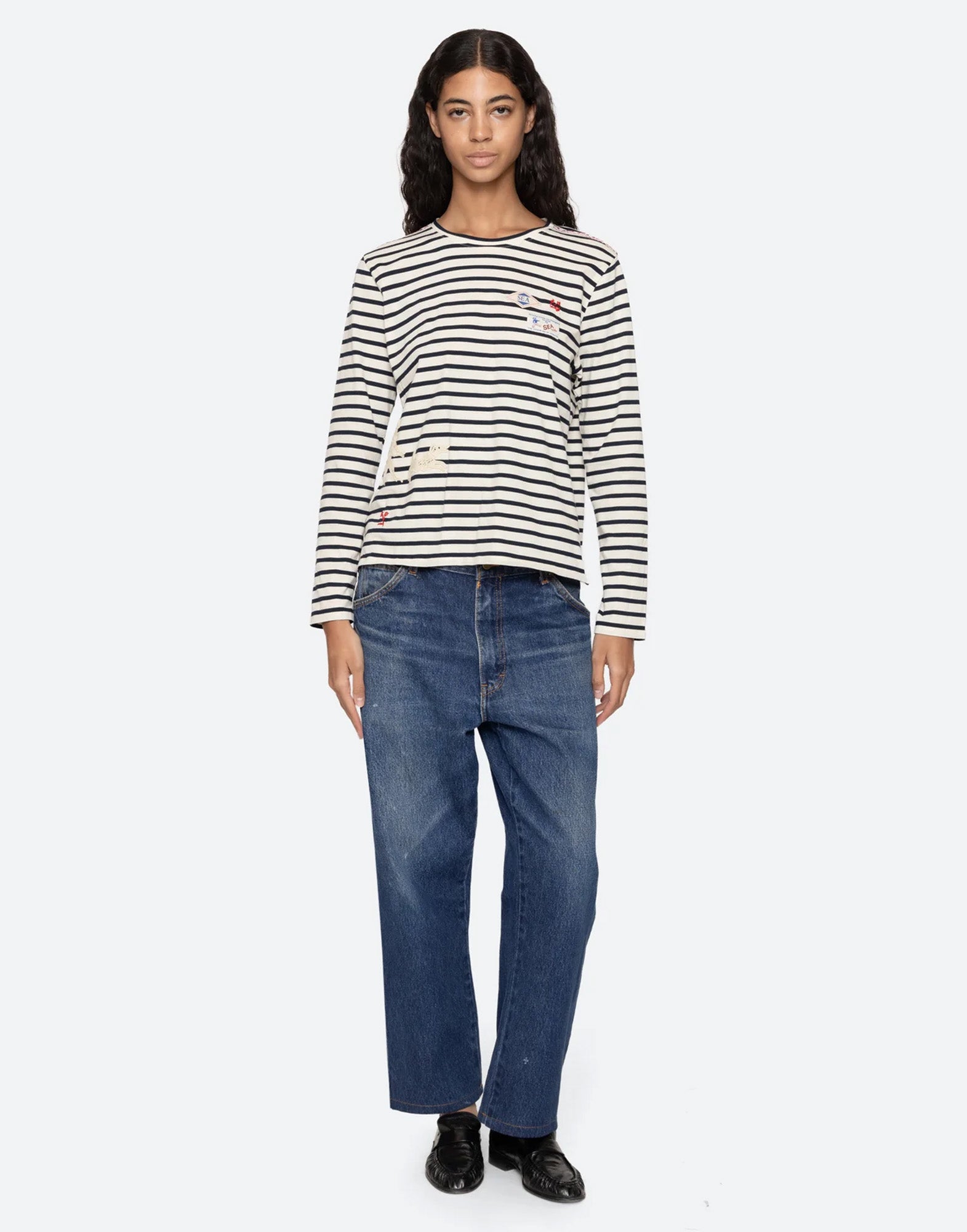 SEA NY T-shirt Athena a Righe in Cotone con Pizzo