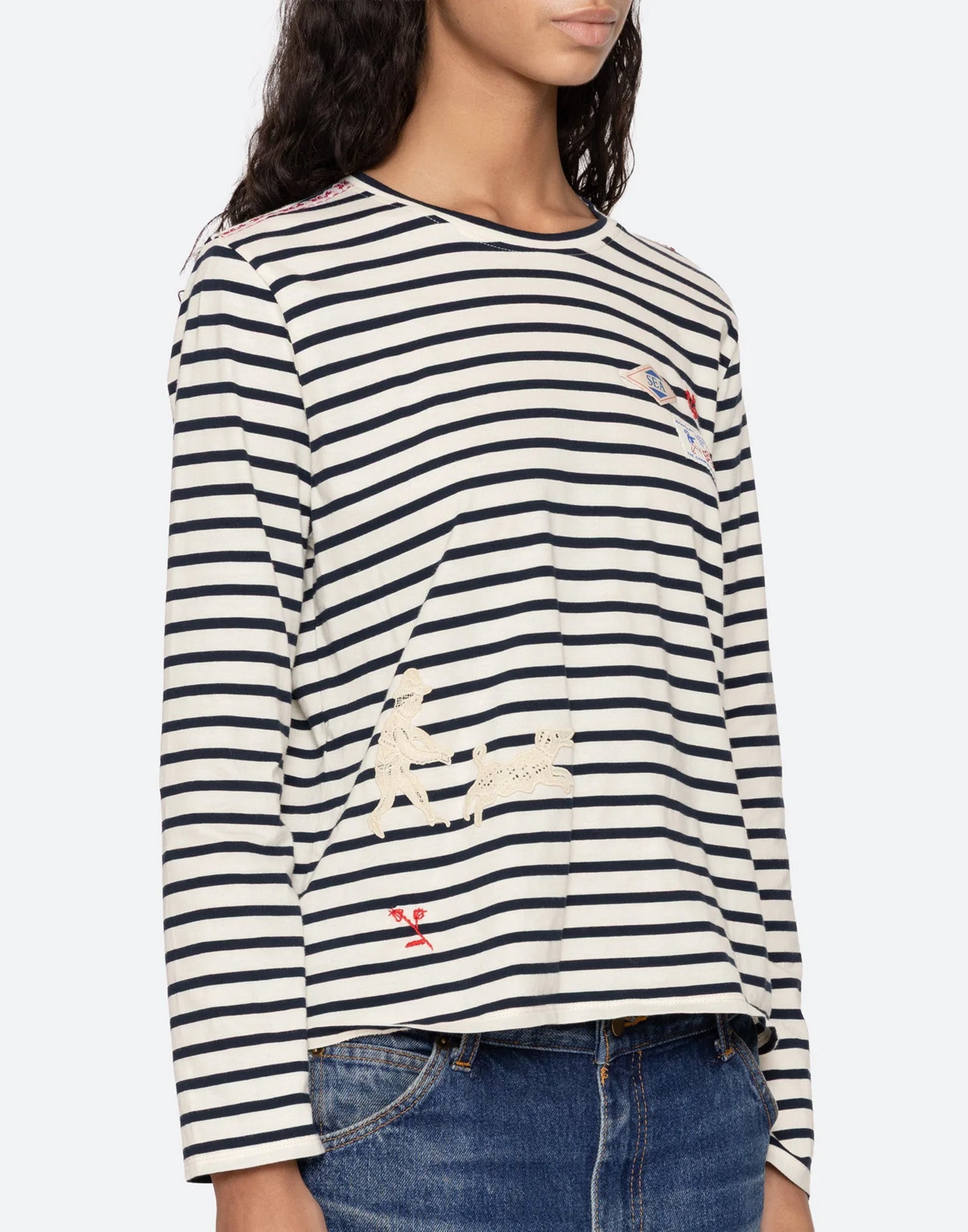 SEA NY T-shirt Athena a Righe in Cotone con Pizzo