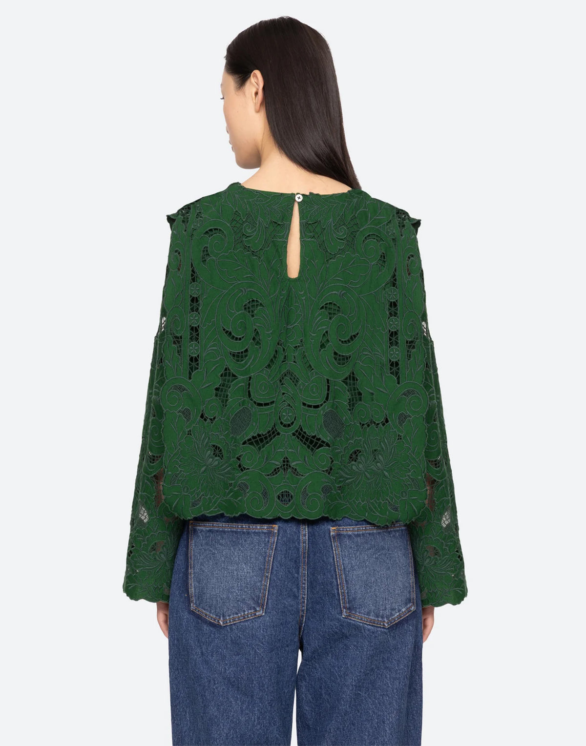 SEA NY Top Ceci Ricamato in Cotone e Lino Verde