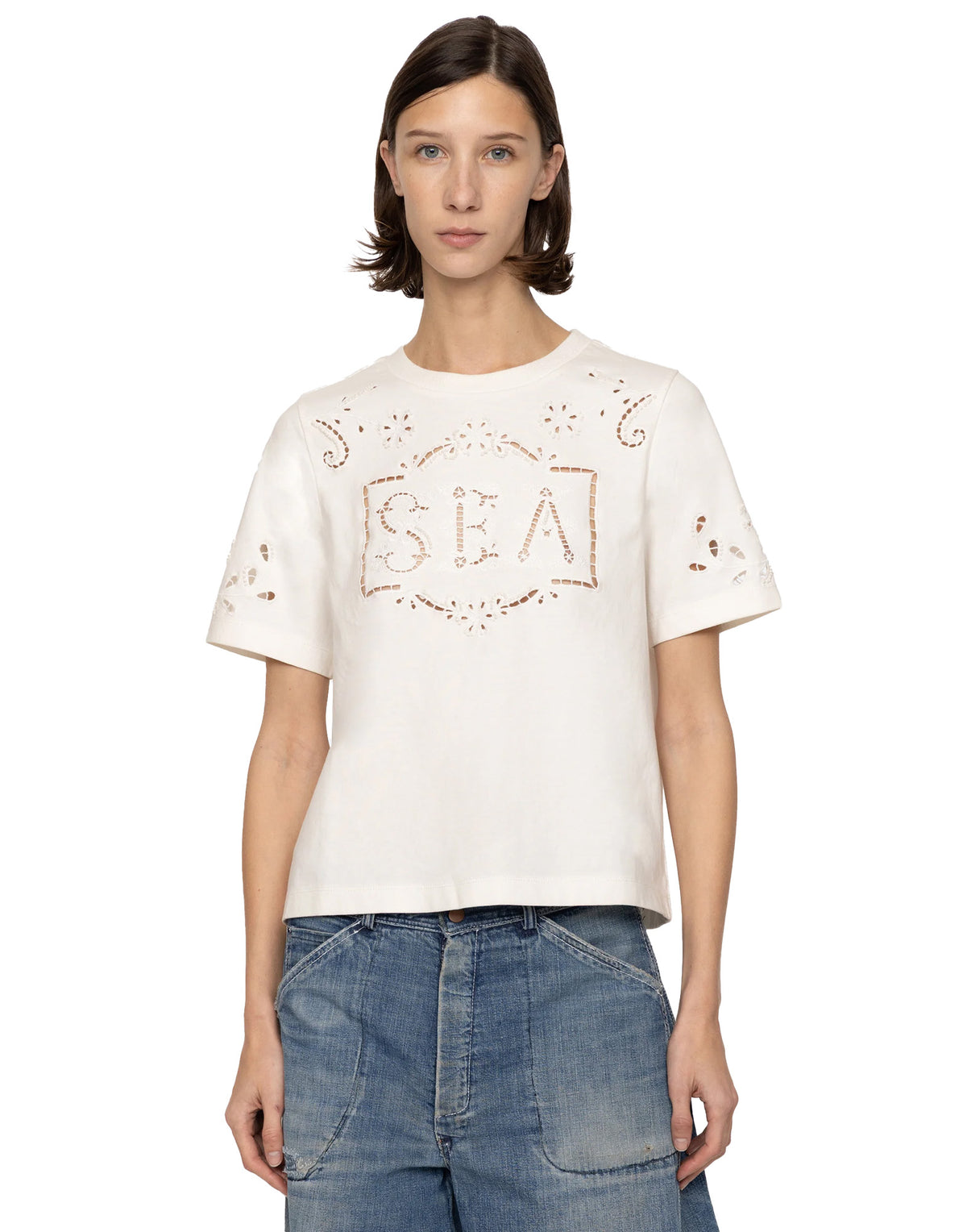 SEA NY T-Shirt Marie Ricamata in Cotone Bianca