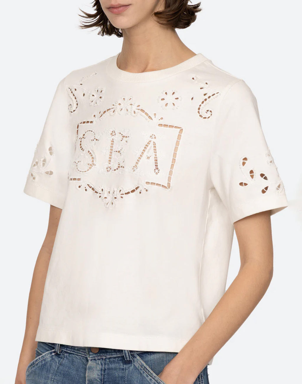 SEA NY T-Shirt Marie Ricamata in Cotone Bianca