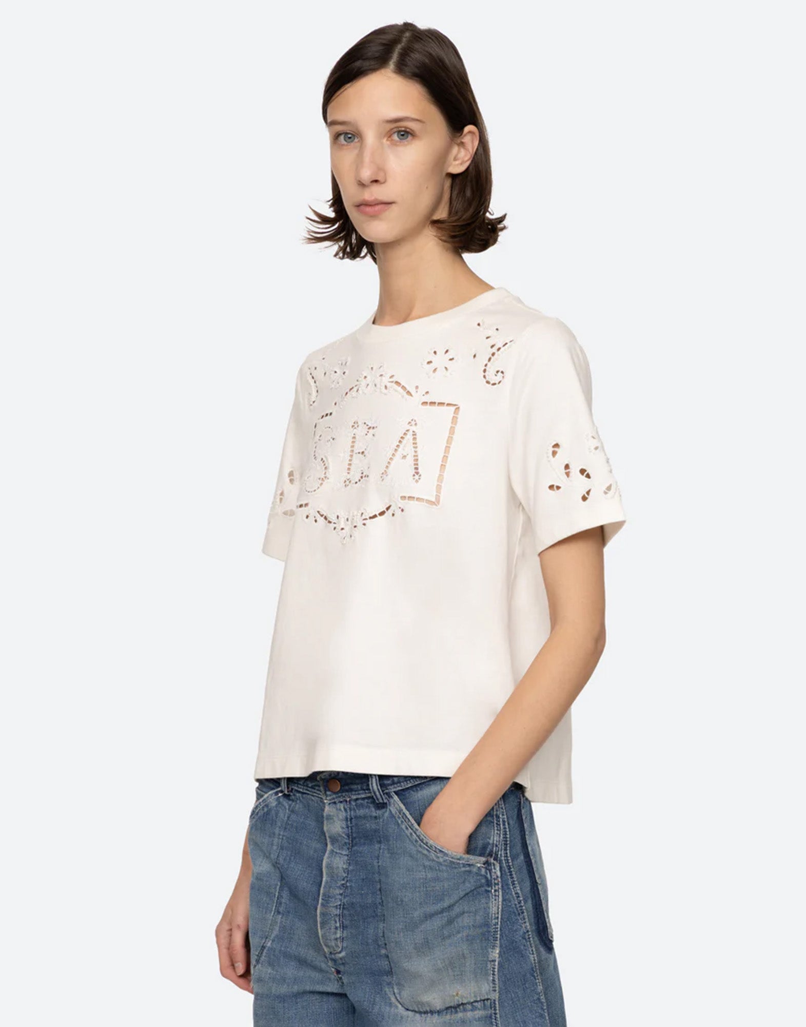 SEA NY T-Shirt Marie Ricamata in Cotone Bianca