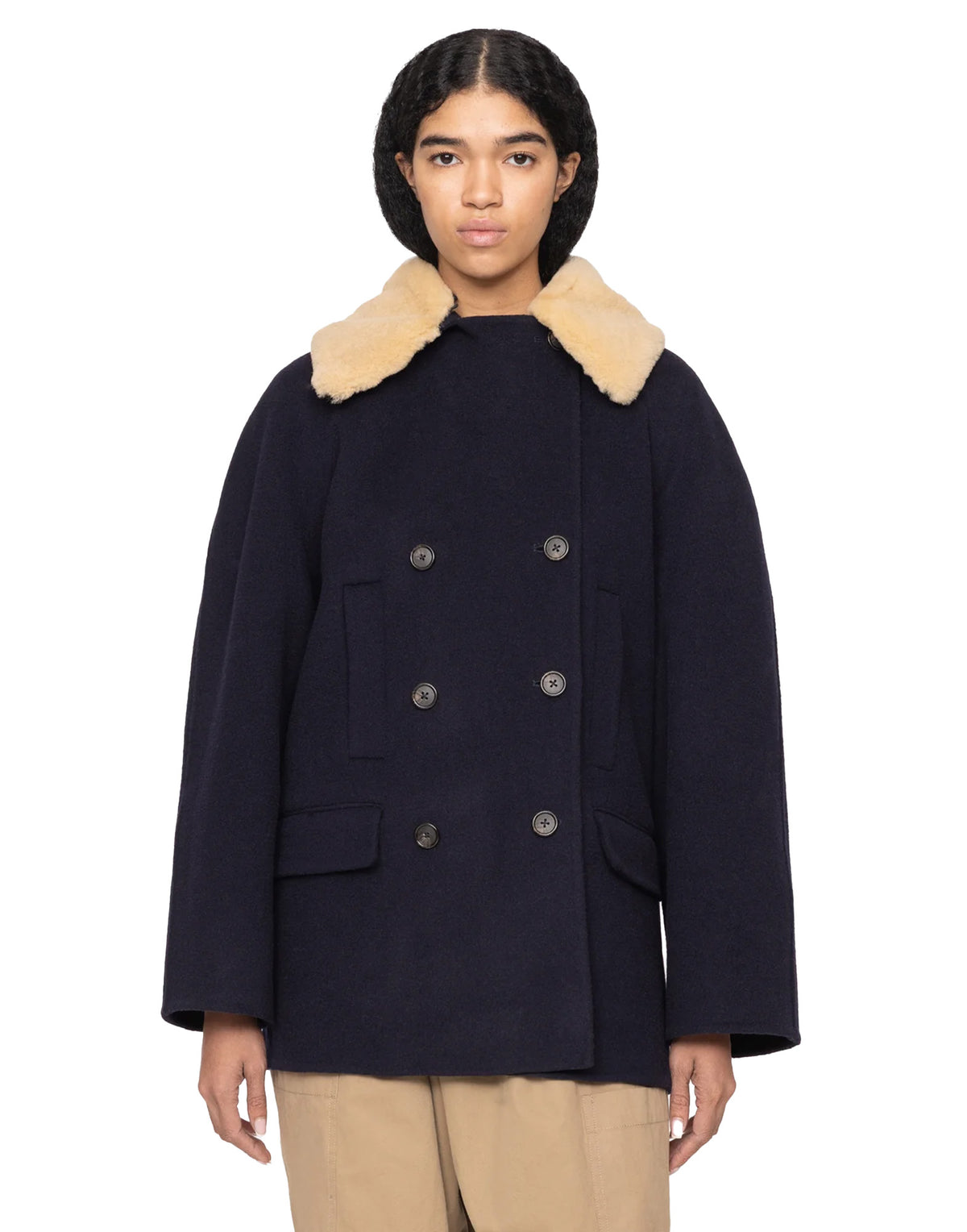 SEA NY Cappotto Doppiopetto Astra in Lana Blu Navy