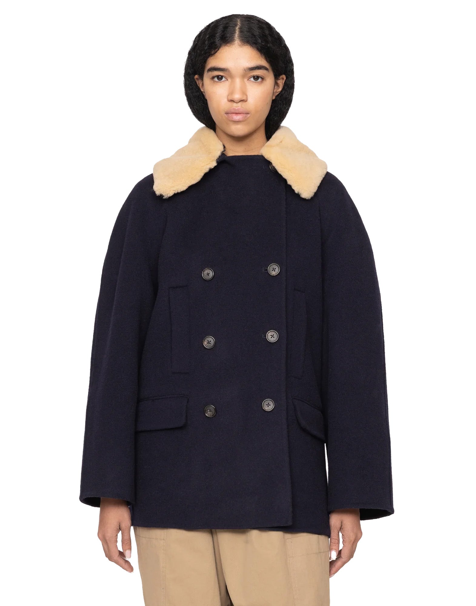 SEA NY Cappotto Doppiopetto Astra in Lana Blu Navy