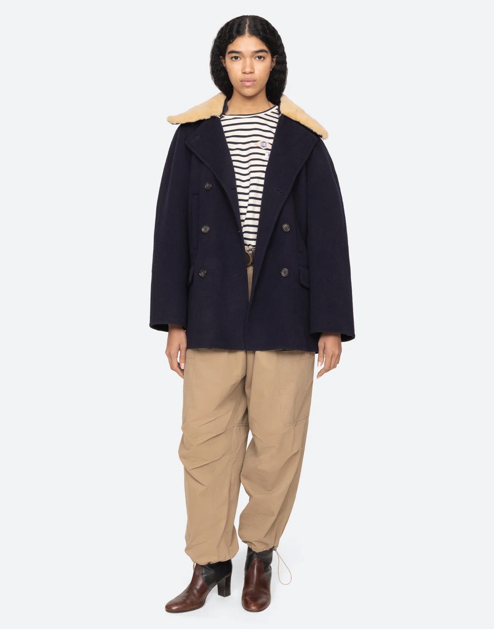 SEA NY Cappotto Doppiopetto Astra in Lana Blu Navy