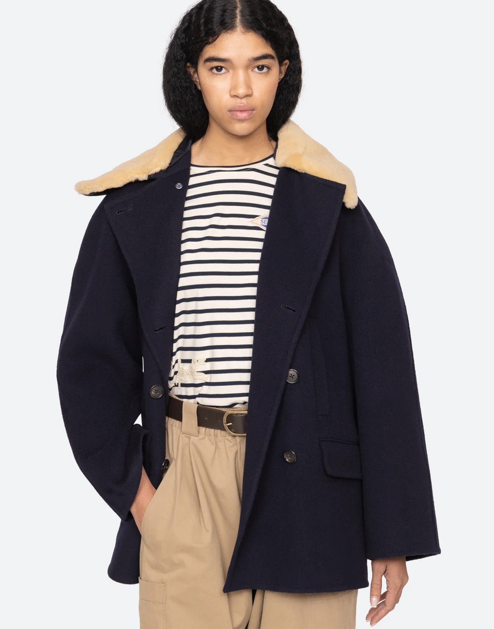 SEA NY Cappotto Doppiopetto Astra in Lana Blu Navy