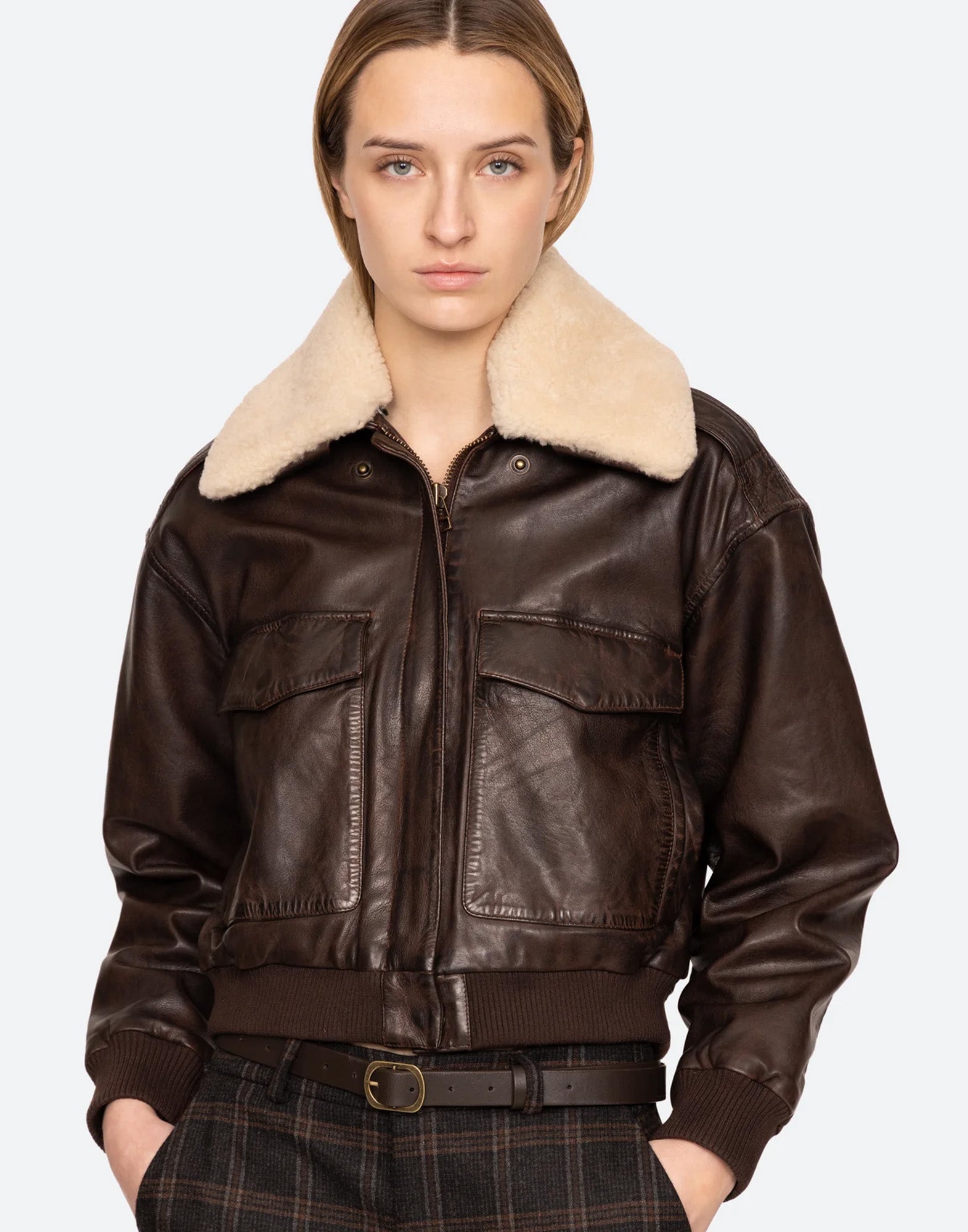 SEA NY Giacca Bomber Lenoir in Pelle con Collo in Shearling