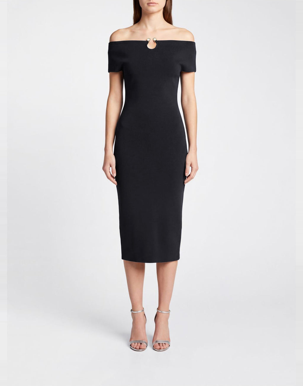 ALBERTA FERRETTI Abito Midi con Spalle Scoperte e Dettaglio Gioiello Nero