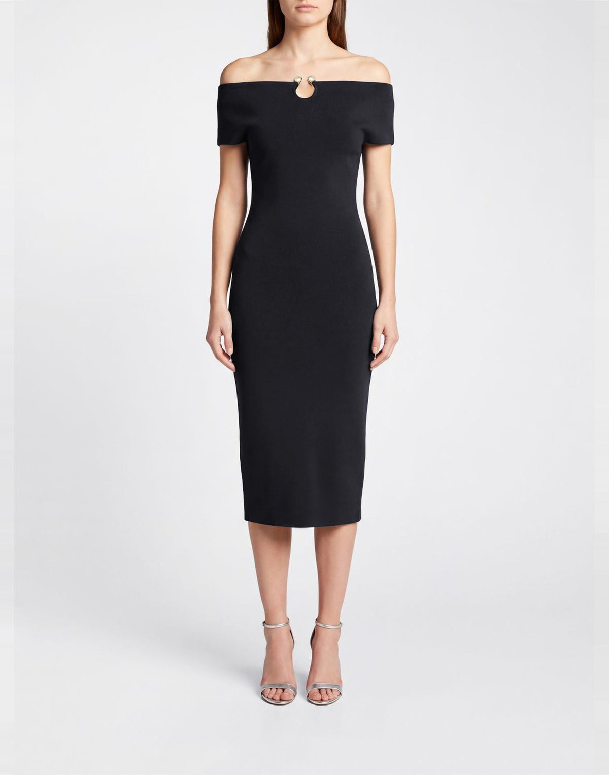 ALBERTA FERRETTI Abito Midi con Spalle Scoperte e Dettaglio Gioiello Nero