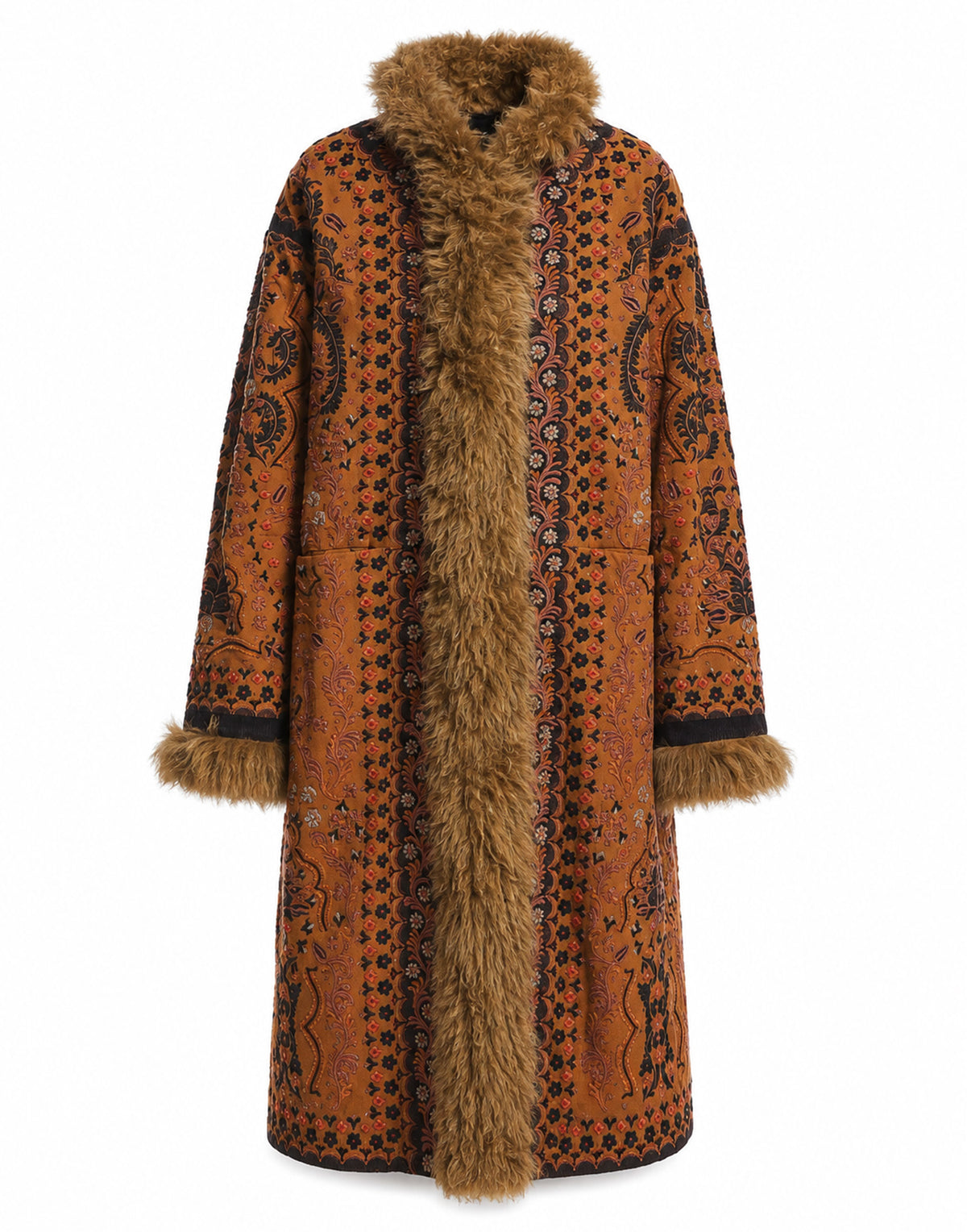 ANTIK BATIK Manteau Brodé avec Fourrure Camel