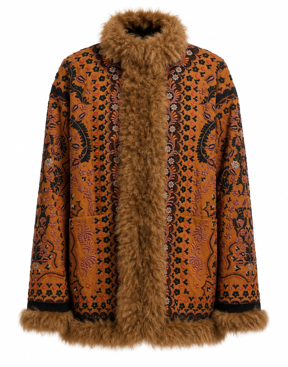 ANTIK BATIK Giacca Ricamata con Pelliccia Camel