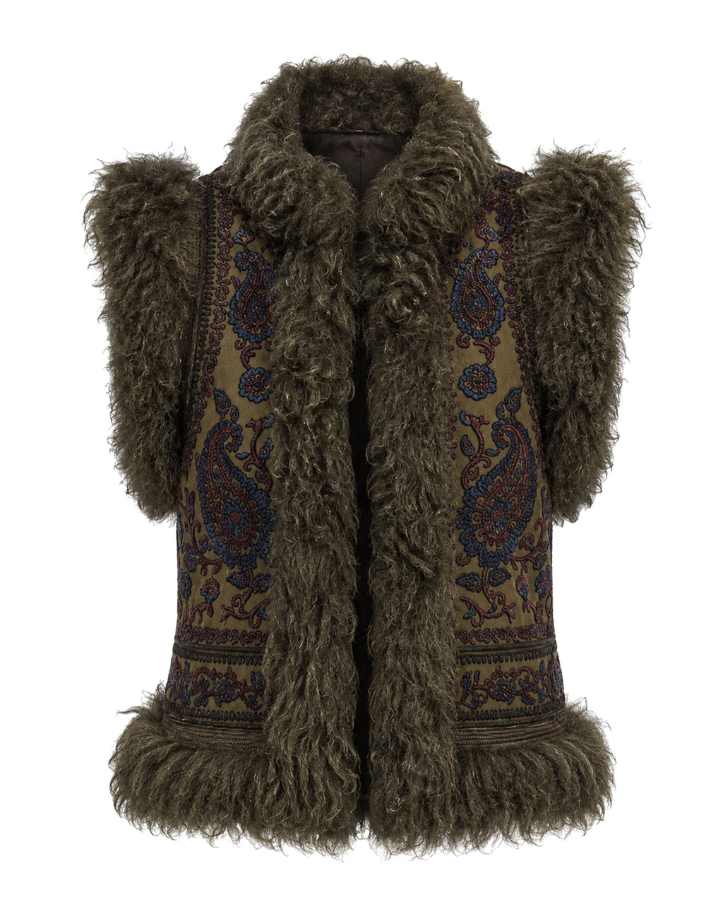ANTIK BATIK Gilet Ricamato con Pelliccia Kaki