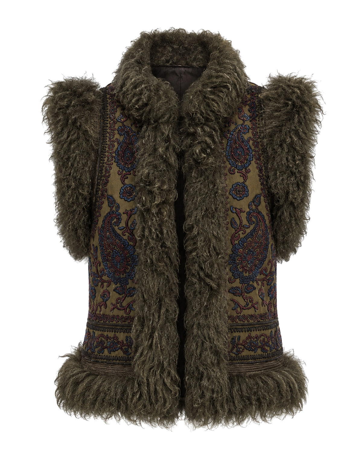 ANTIK BATIK Gilet brodé avec fourrure kaki