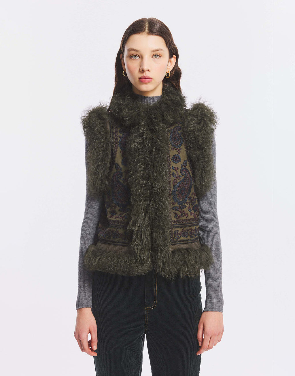 ANTIK BATIK Gilet Ricamato con Pelliccia Kaki