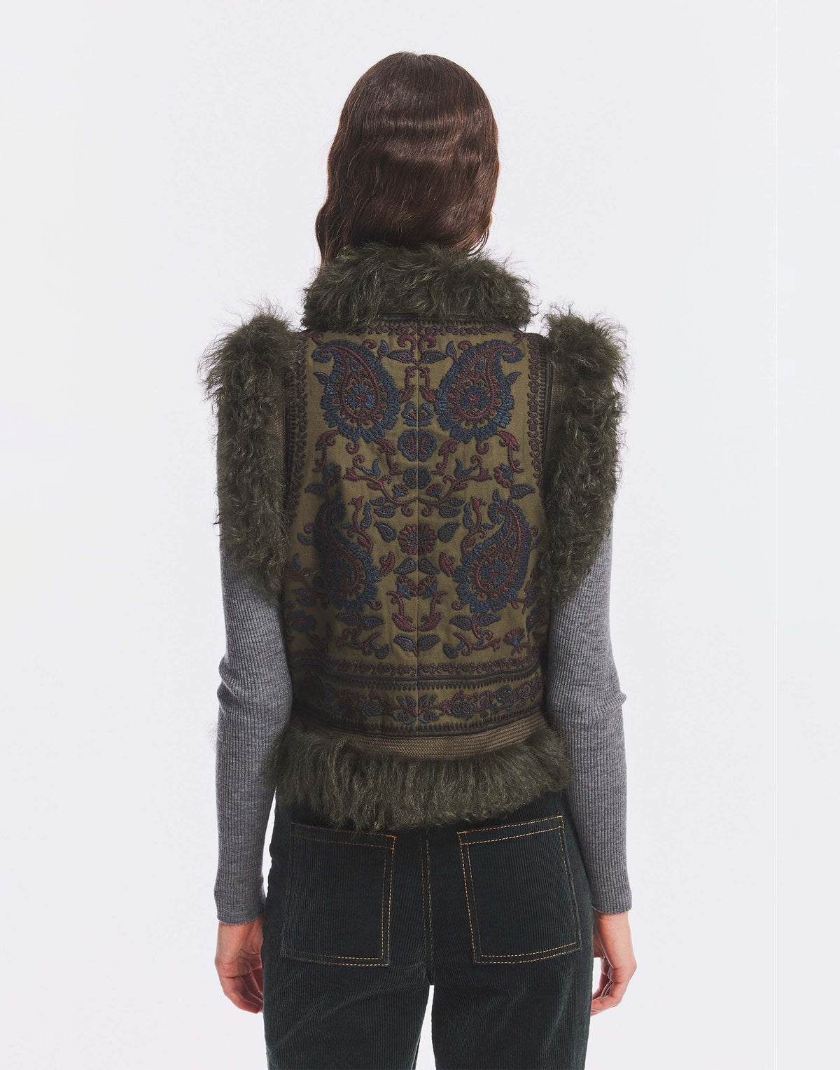 ANTIK BATIK Gilet Ricamato con Pelliccia Kaki