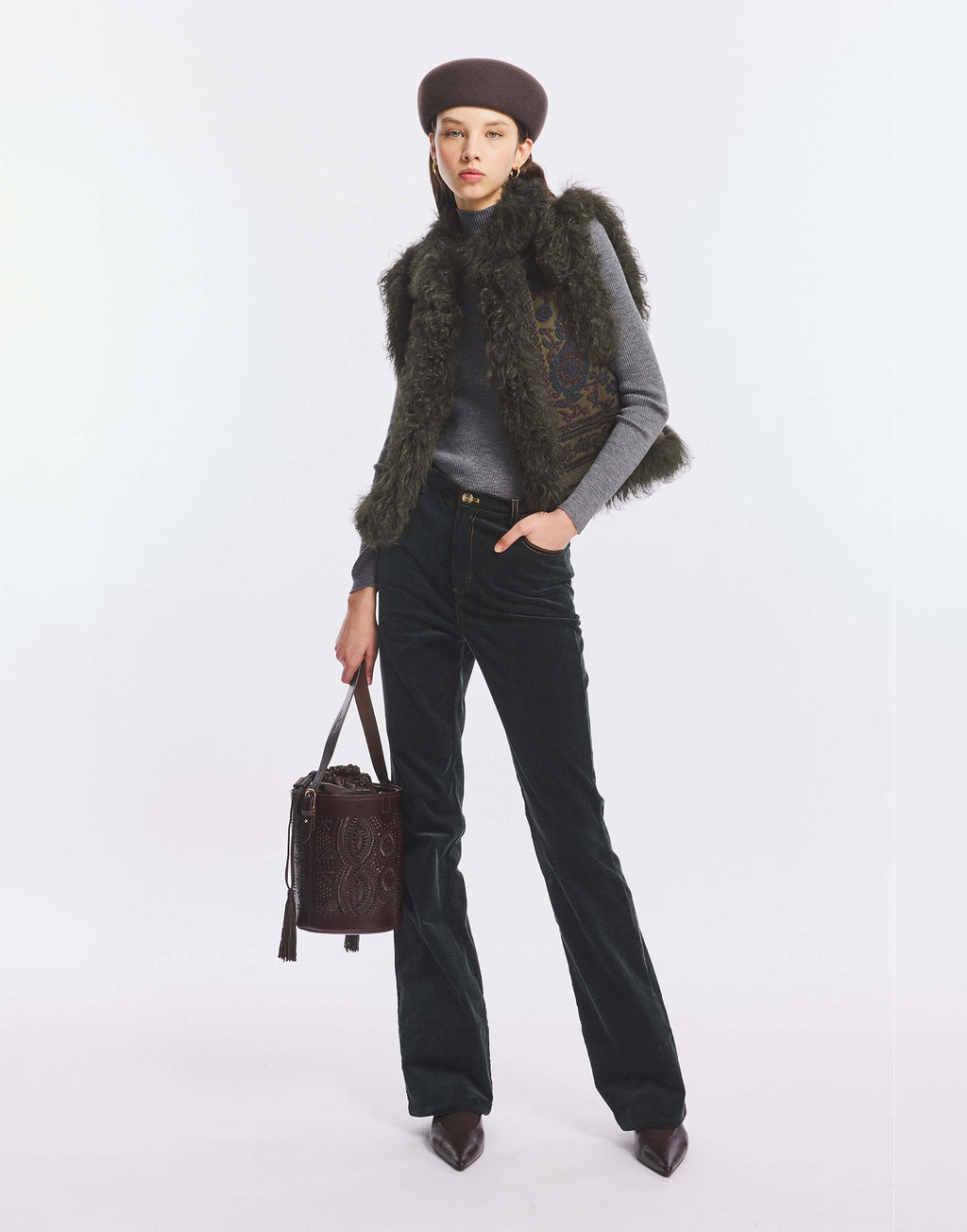 ANTIK BATIK Gilet Ricamato con Pelliccia Kaki