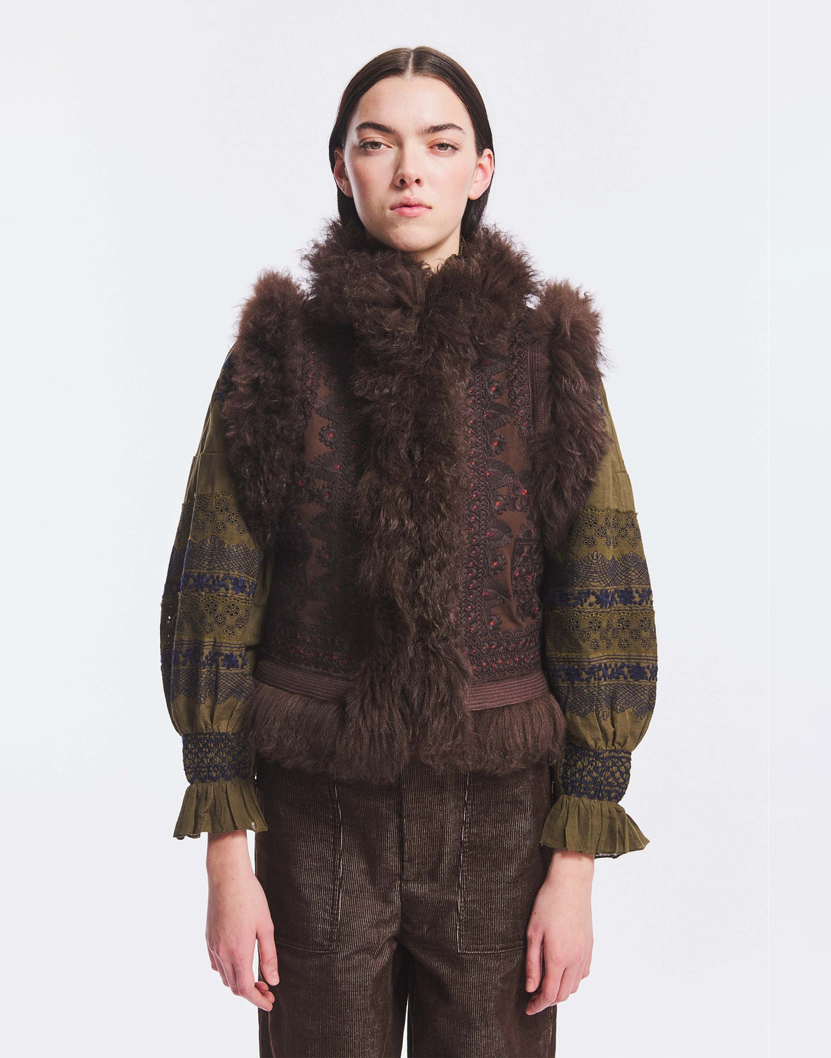 ANTIK BATIK Gilet brodé avec fourrure Chocolat