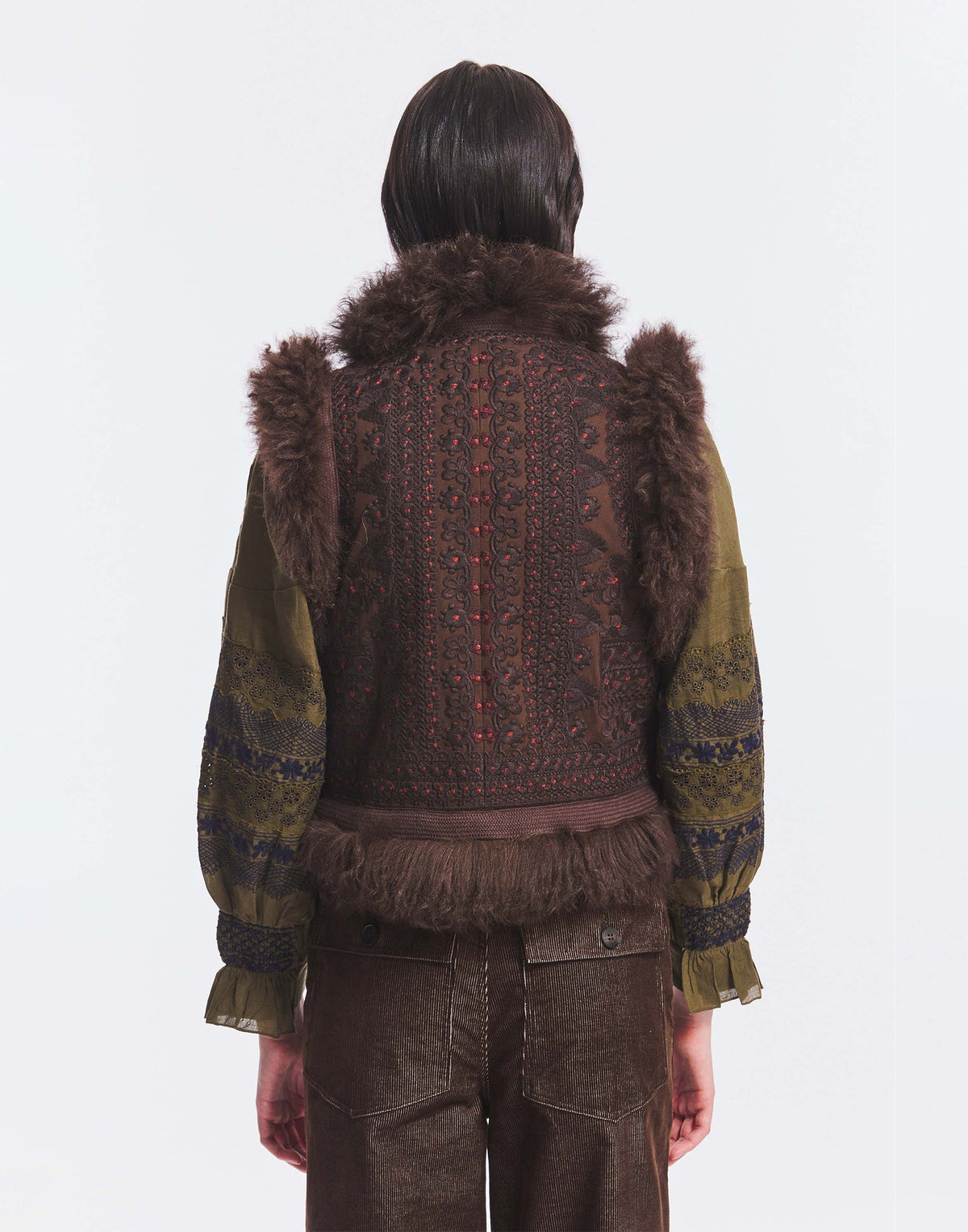 ANTIK BATIK Gilet Ricamato con Pelliccia Chocolat
