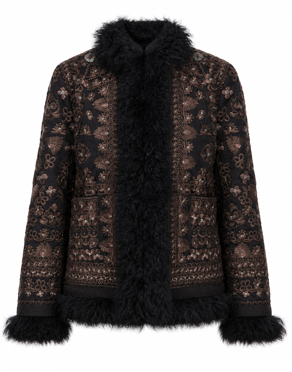 ANTIK BATIK Veste brodée avec fourrure noire