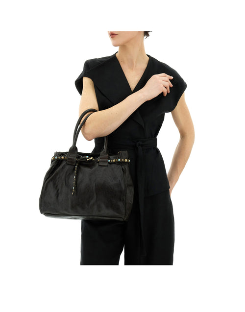 CAMPOMAGGI Borsa Shopping Rossella in Pelle con Borchie e Strass Moro