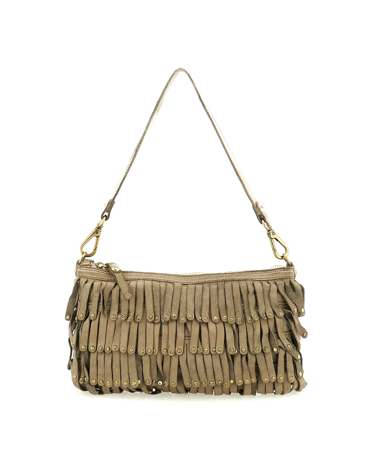 CAMPOMAGGI Borsa a Tracolla Natalia in Pelle con Frange e Borchie Cemento