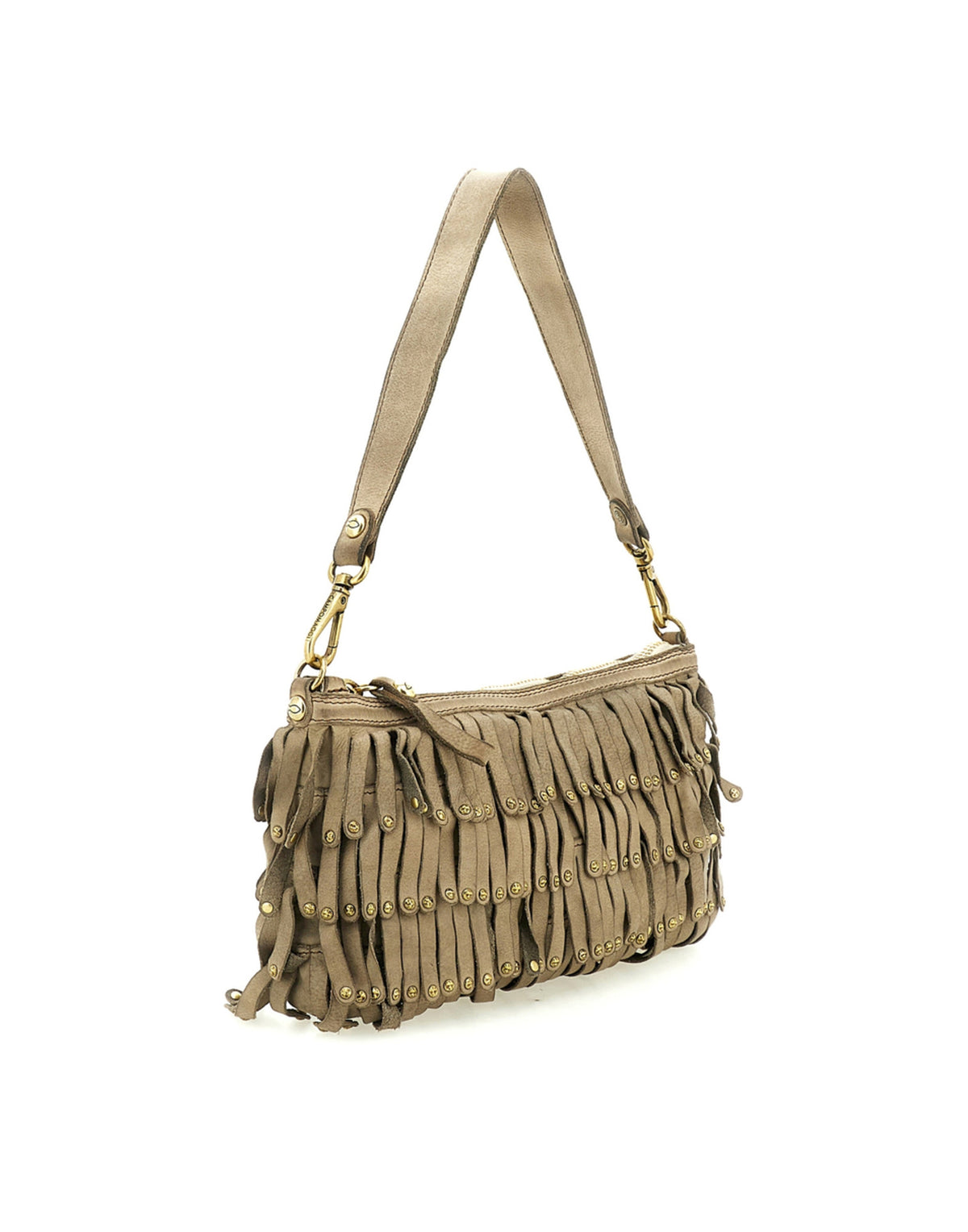 CAMPOMAGGI Borsa a Tracolla Natalia in Pelle con Frange e Borchie Cemento