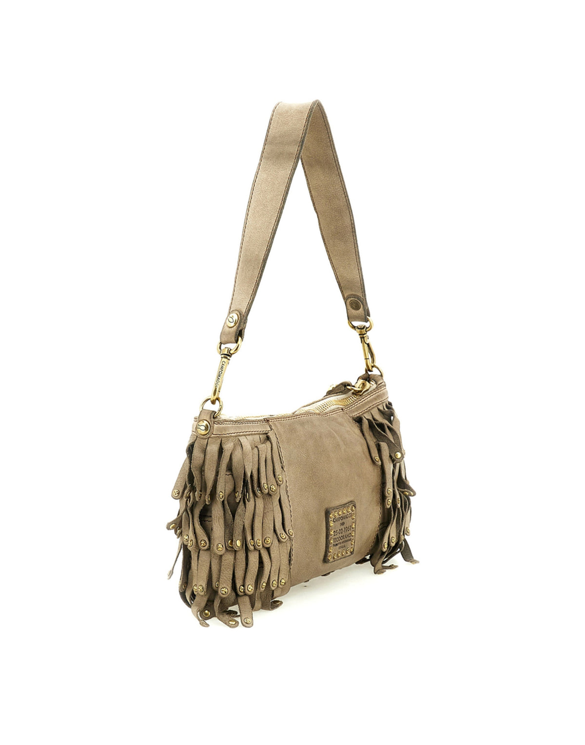 CAMPOMAGGI Borsa a Tracolla Natalia in Pelle con Frange e Borchie Cemento