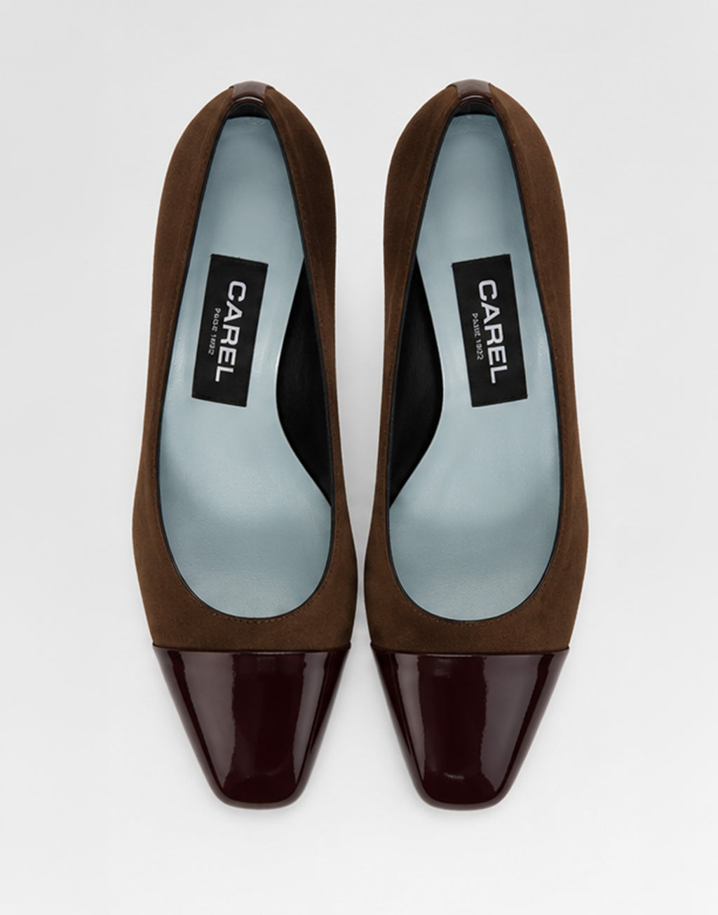 CAREL Décolleté Rosana in Suede Cioccolato e Vernice Bordeaux