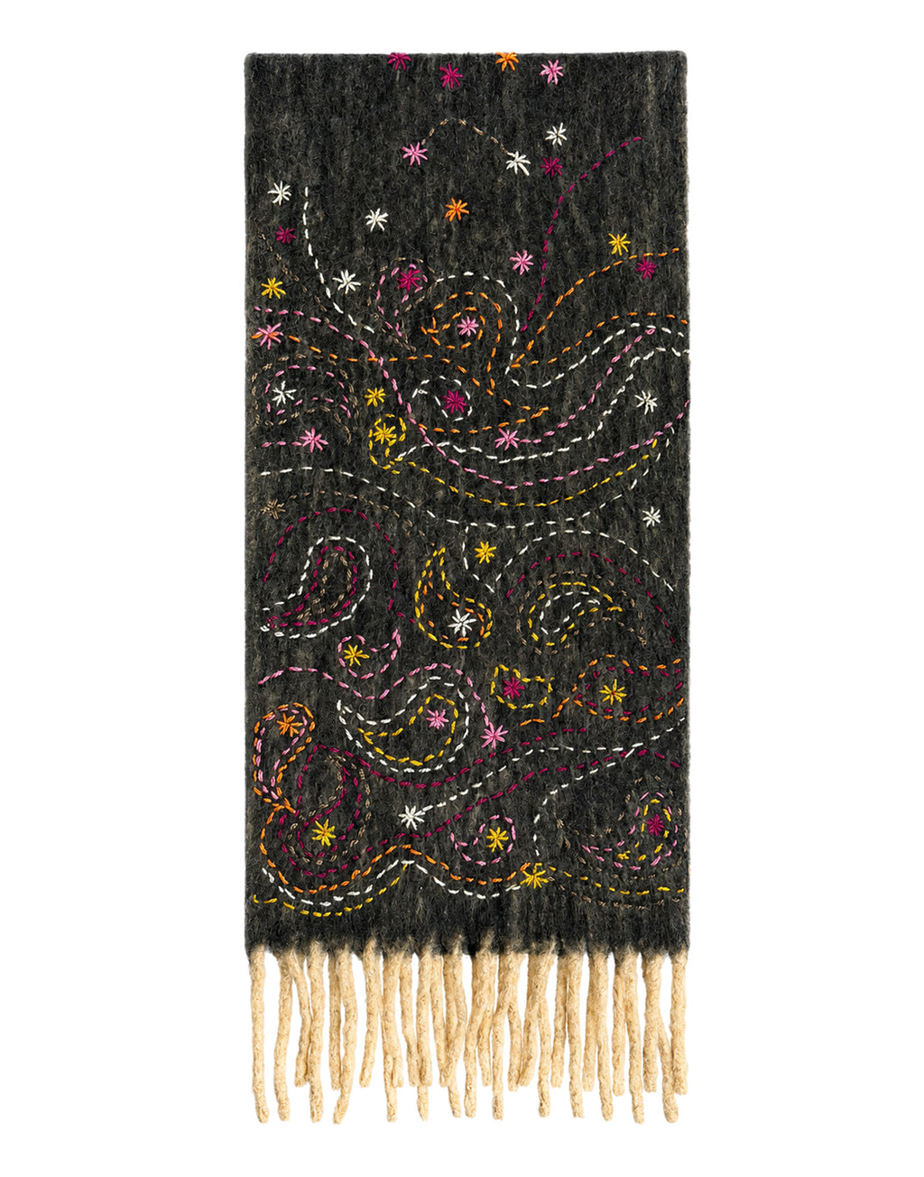 DE SIENA Sciarpa in Mix di Lana Riiclata Ricamata Black/Off White