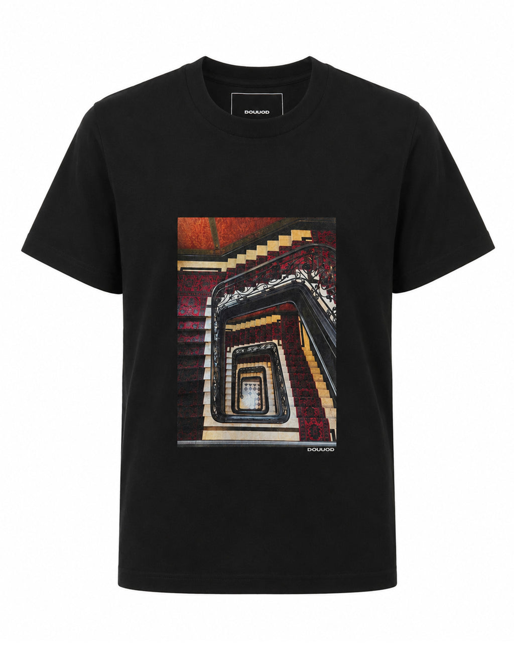 DOUUOD T-shirt in Jersey di Cotone Stampa "Stairs" Nero