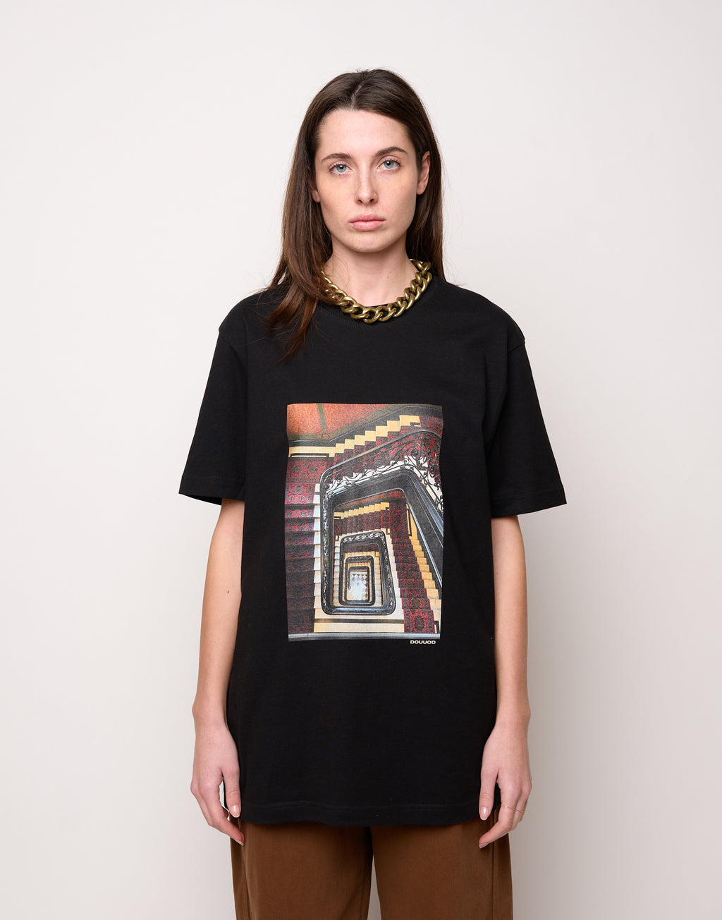 DOUUOD T-shirt in Jersey di Cotone Stampa "Stairs" Nero