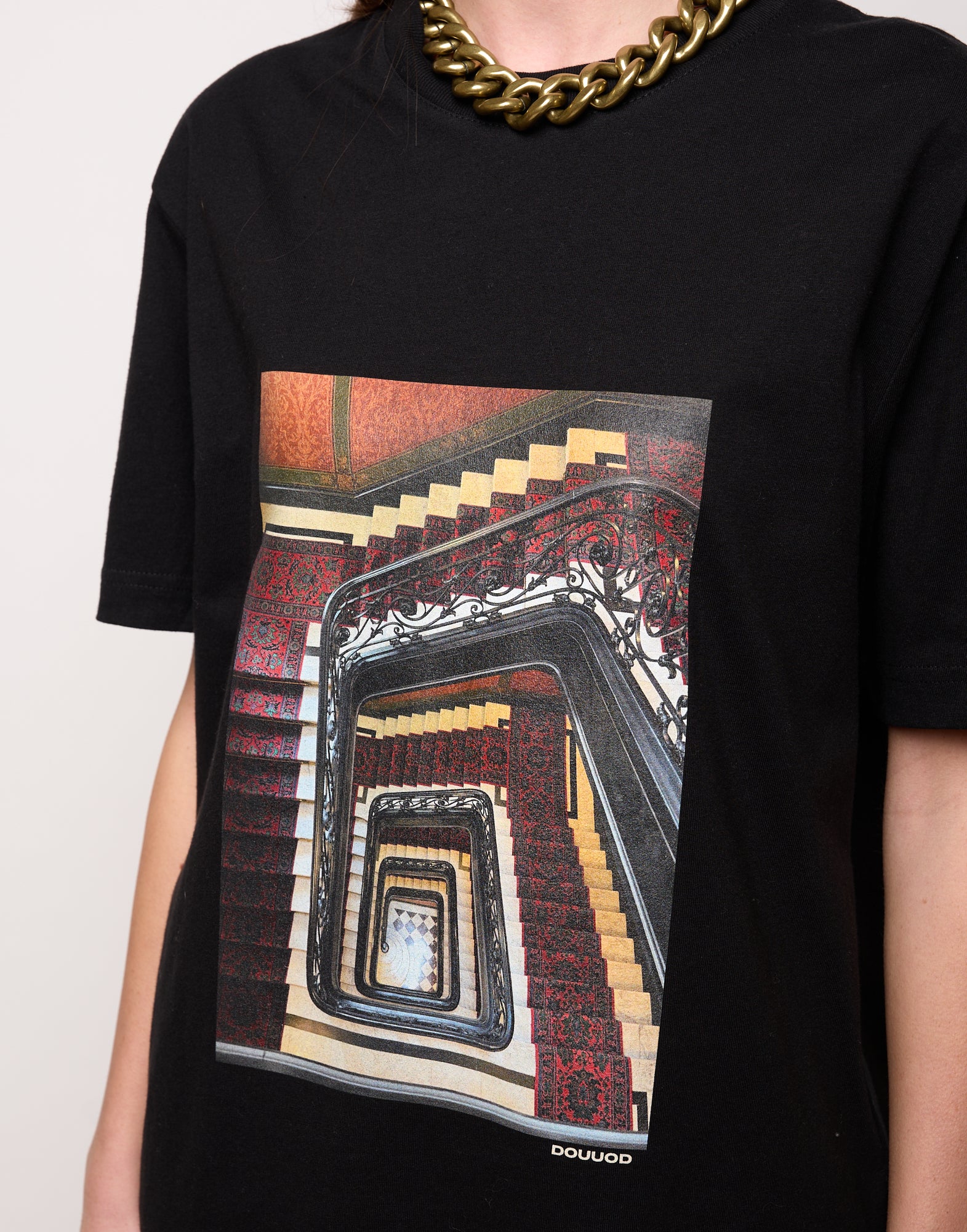 DOUUOD T-shirt in Jersey di Cotone Stampa "Stairs" Nero
