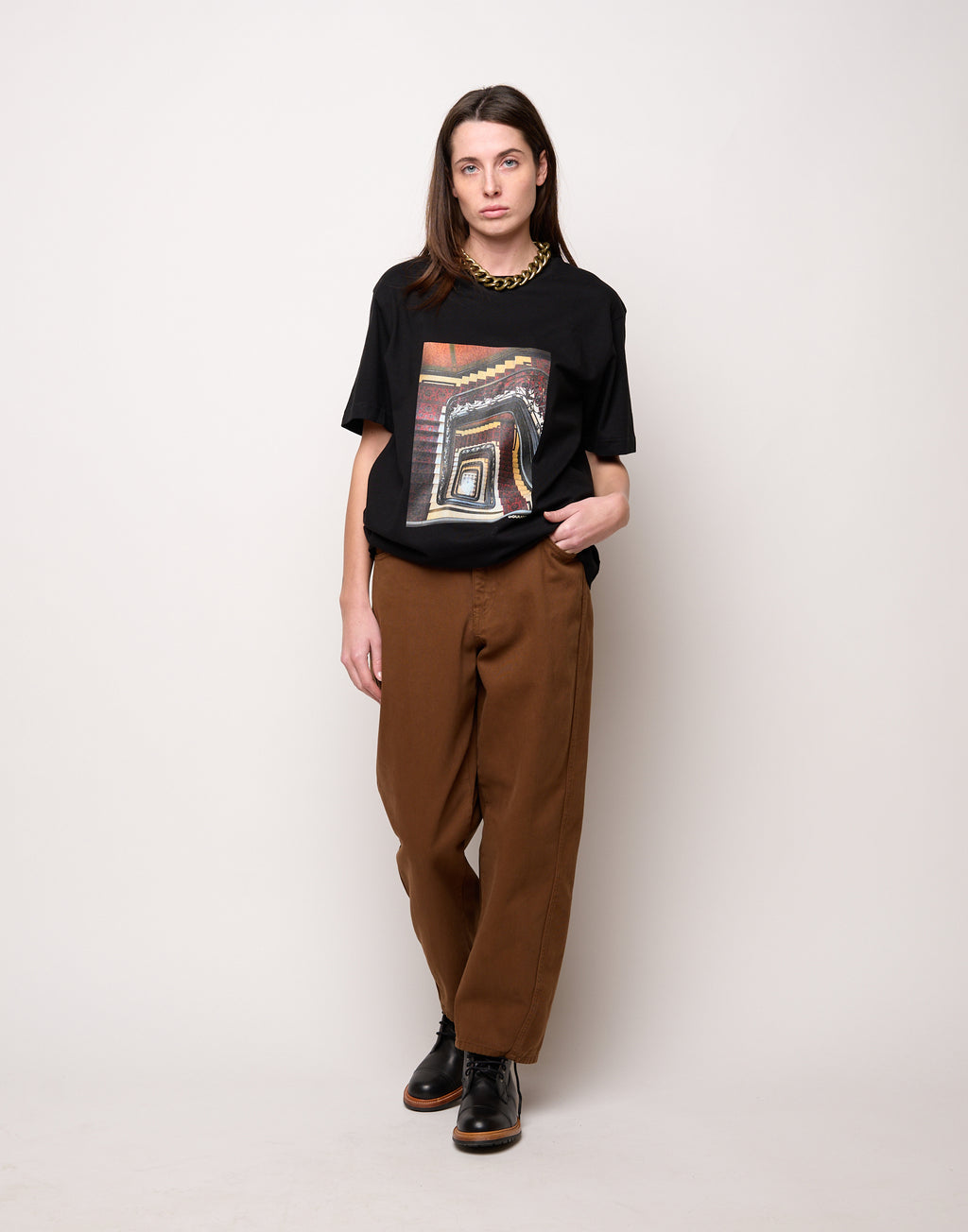 DOUUOD T-shirt in Jersey di Cotone Stampa "Stairs" Nero
