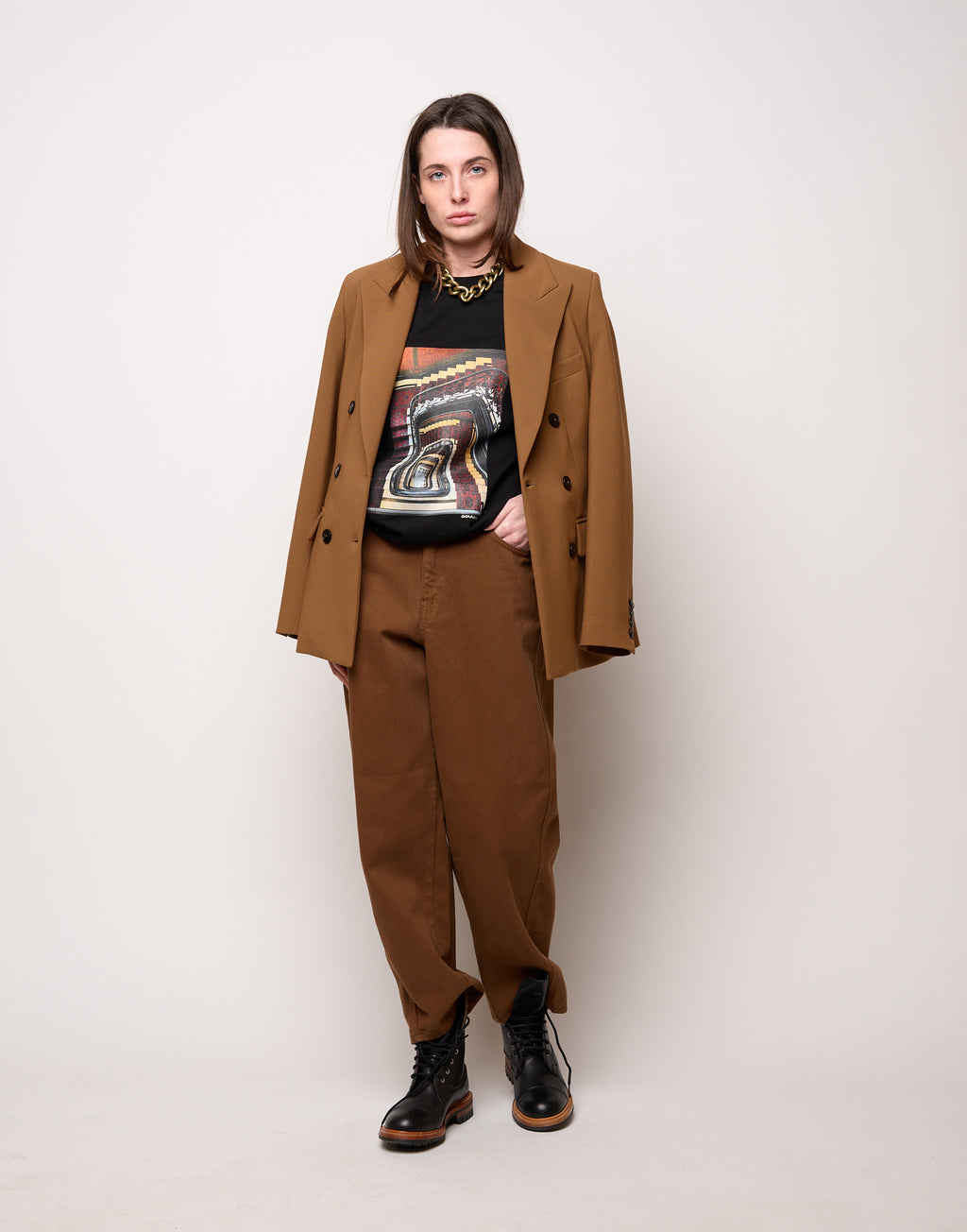 DOUUOD T-shirt in Jersey di Cotone Stampa "Stairs" Nero