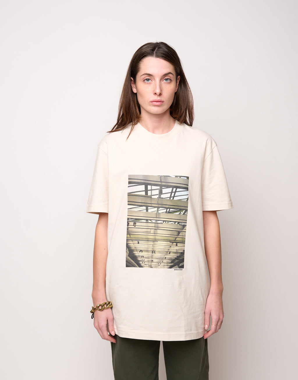 DOUUOD T-shirt in Jersey di Cotone Stampa "Travi" Burro