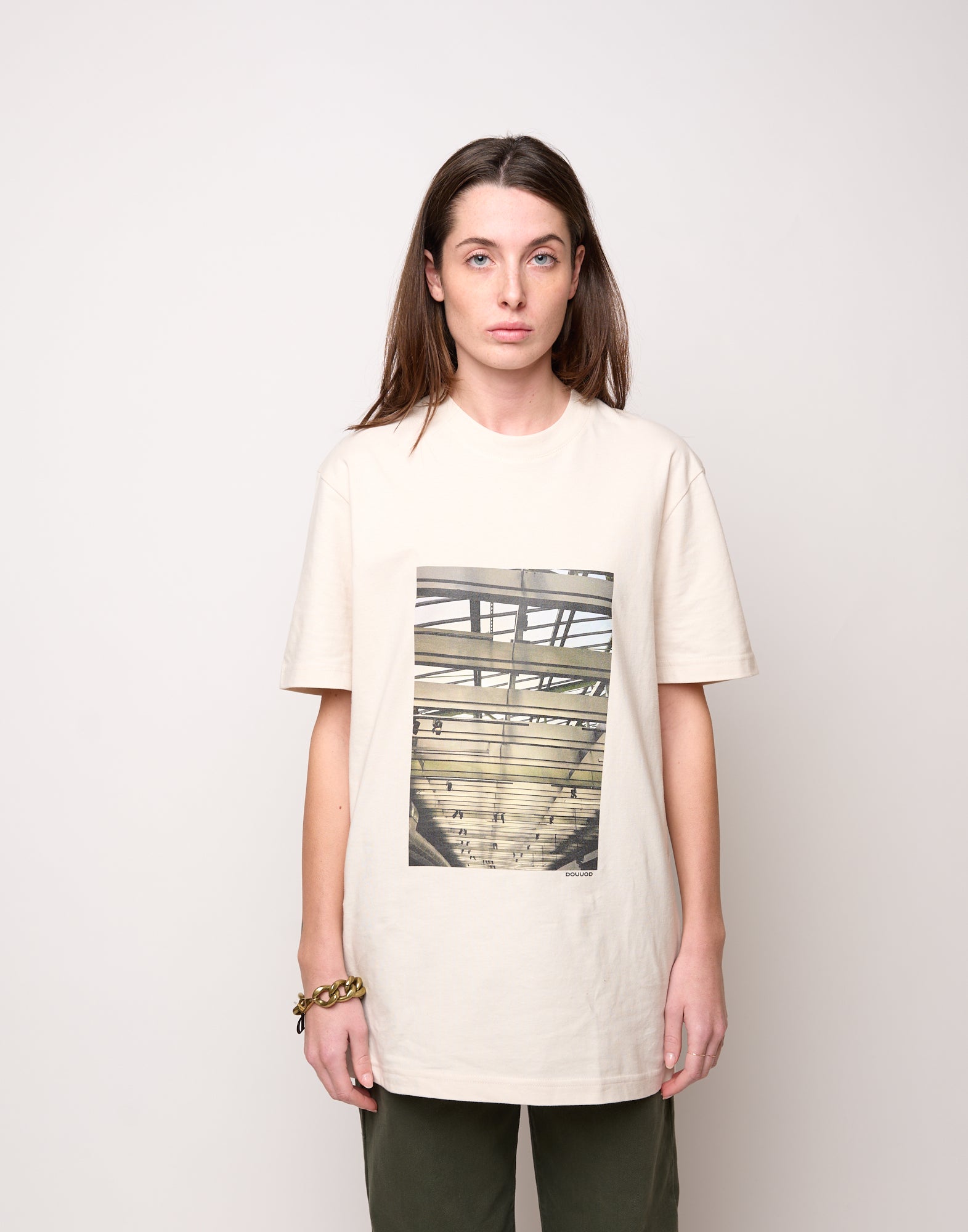 DOUUOD T-shirt in Jersey di Cotone Stampa "Travi" Burro