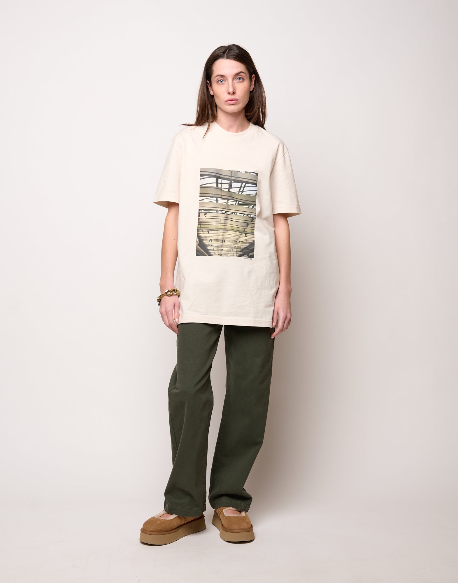 DOUUOD T-shirt in Jersey di Cotone Stampa "Travi" Burro