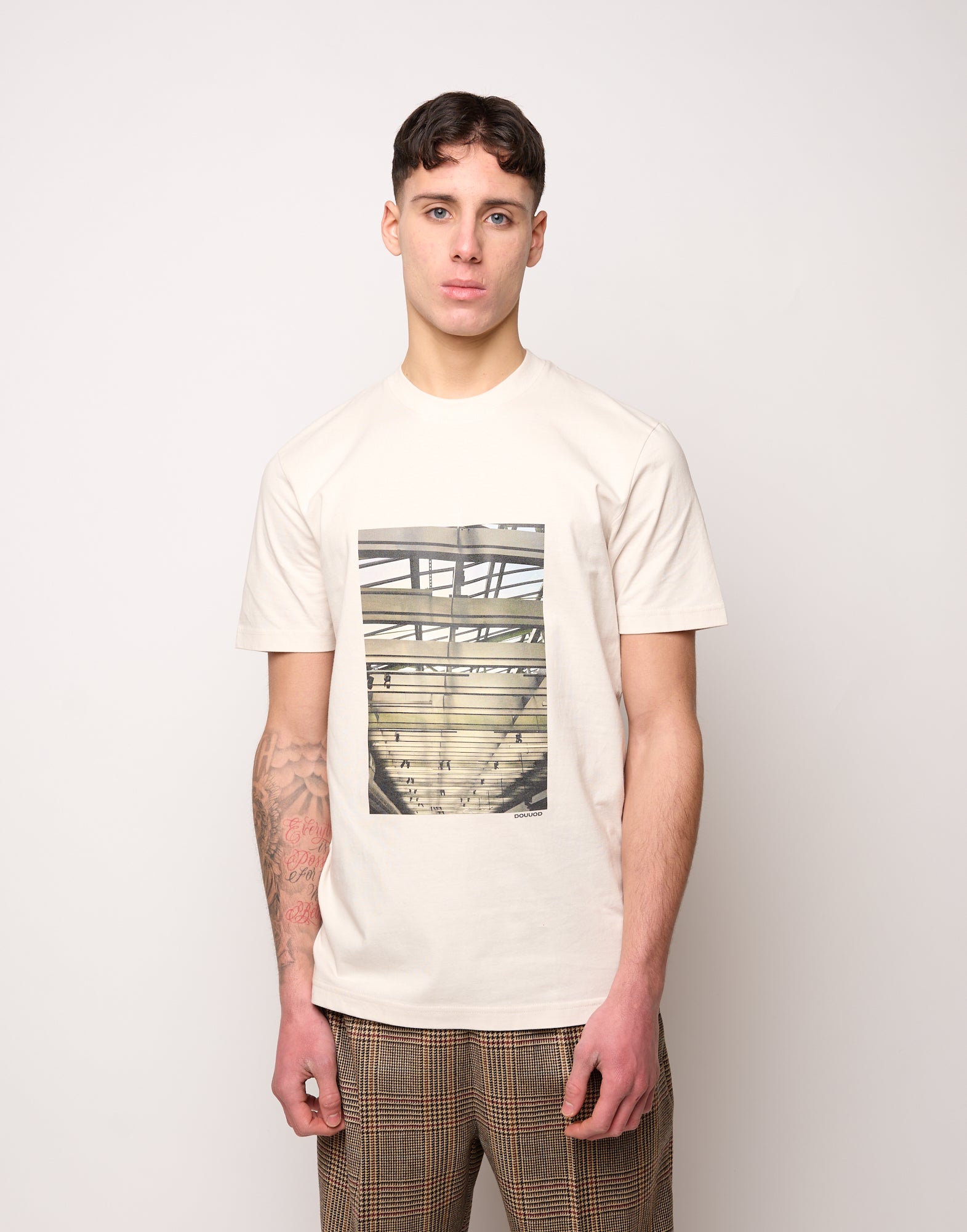 DOUUOD T-shirt in Jersey di Cotone Stampa "Travi" Burro