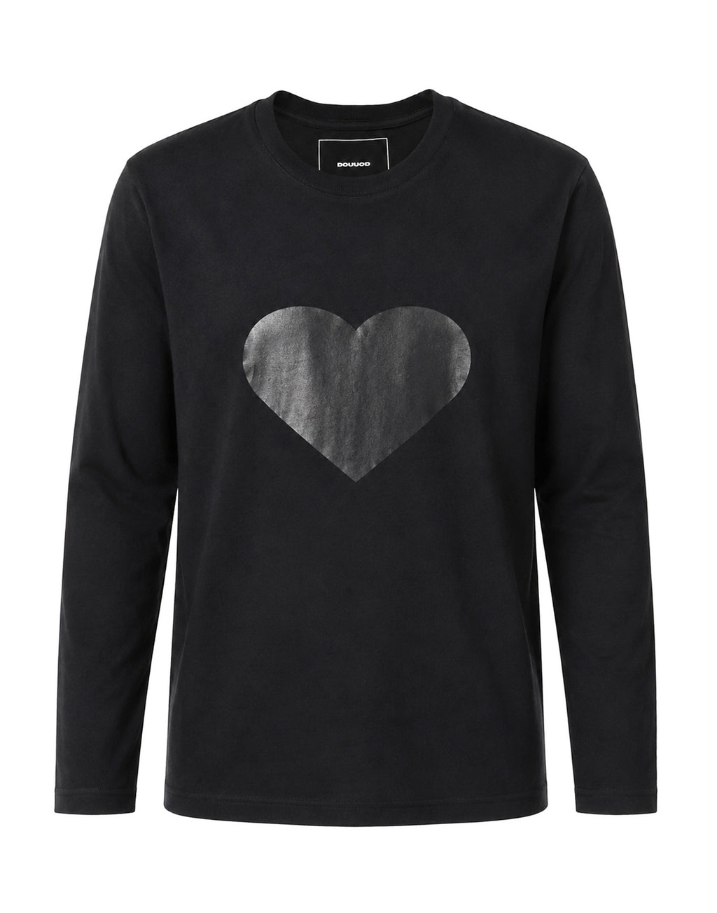 DOUUOD T-shirt manica Lunga in Jersey di Cotone Stampa "Cuore" Nero