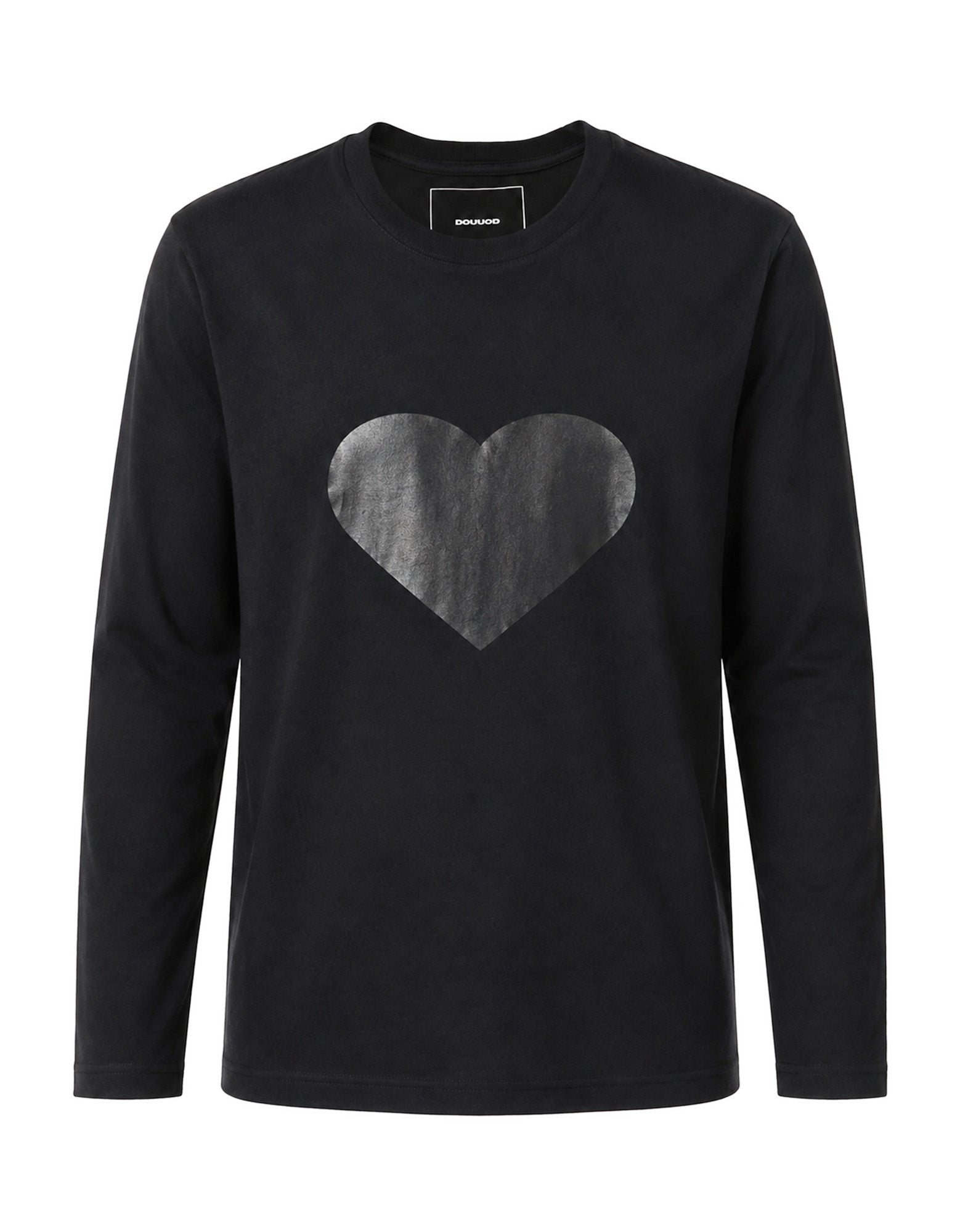 DOUUOD T-shirt manica Lunga in Jersey di Cotone Stampa "Cuore" Nero